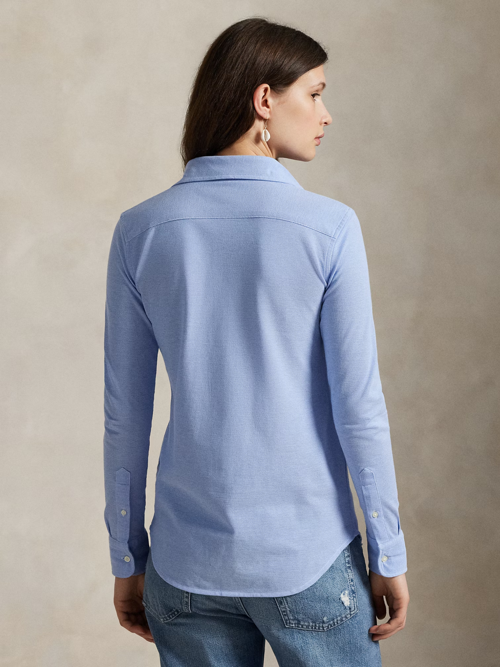 RALPH LAUREN WOMEN Slim Fit Knit Cotton Oxford Shirt Blue
