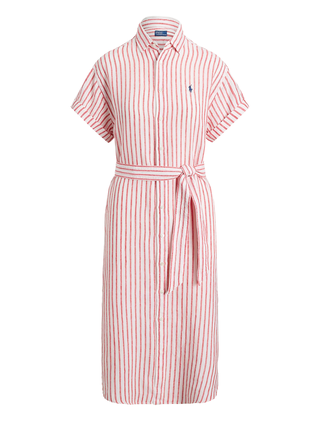 RALPH LAUREN WOMEN Short-Sleeved Striped Linen Shirt Dress White/Red