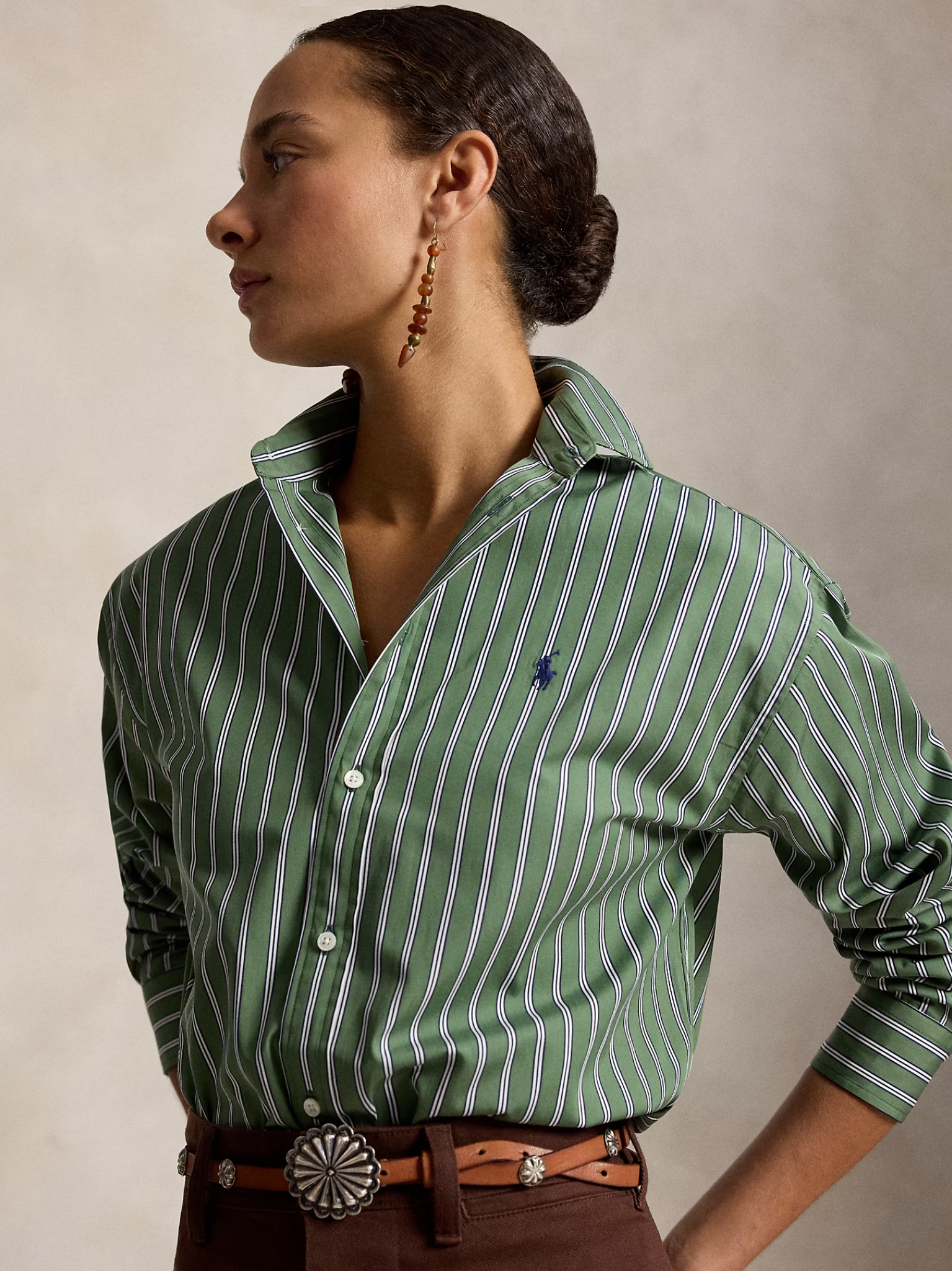 RALPH LAUREN WOMEN Relaxed Fit Striped Cotton Shirt Green/White Multi