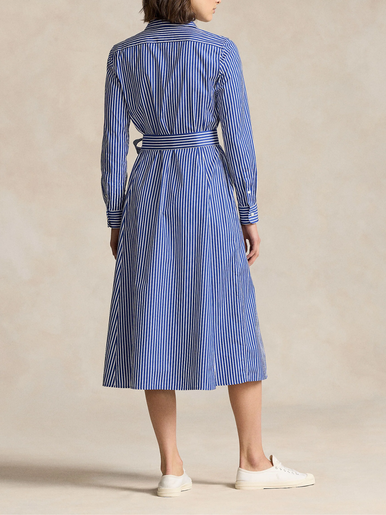 RALPH LAUREN WOMEN Belted Striped Cotton Shirt Dress Bright Navy/White