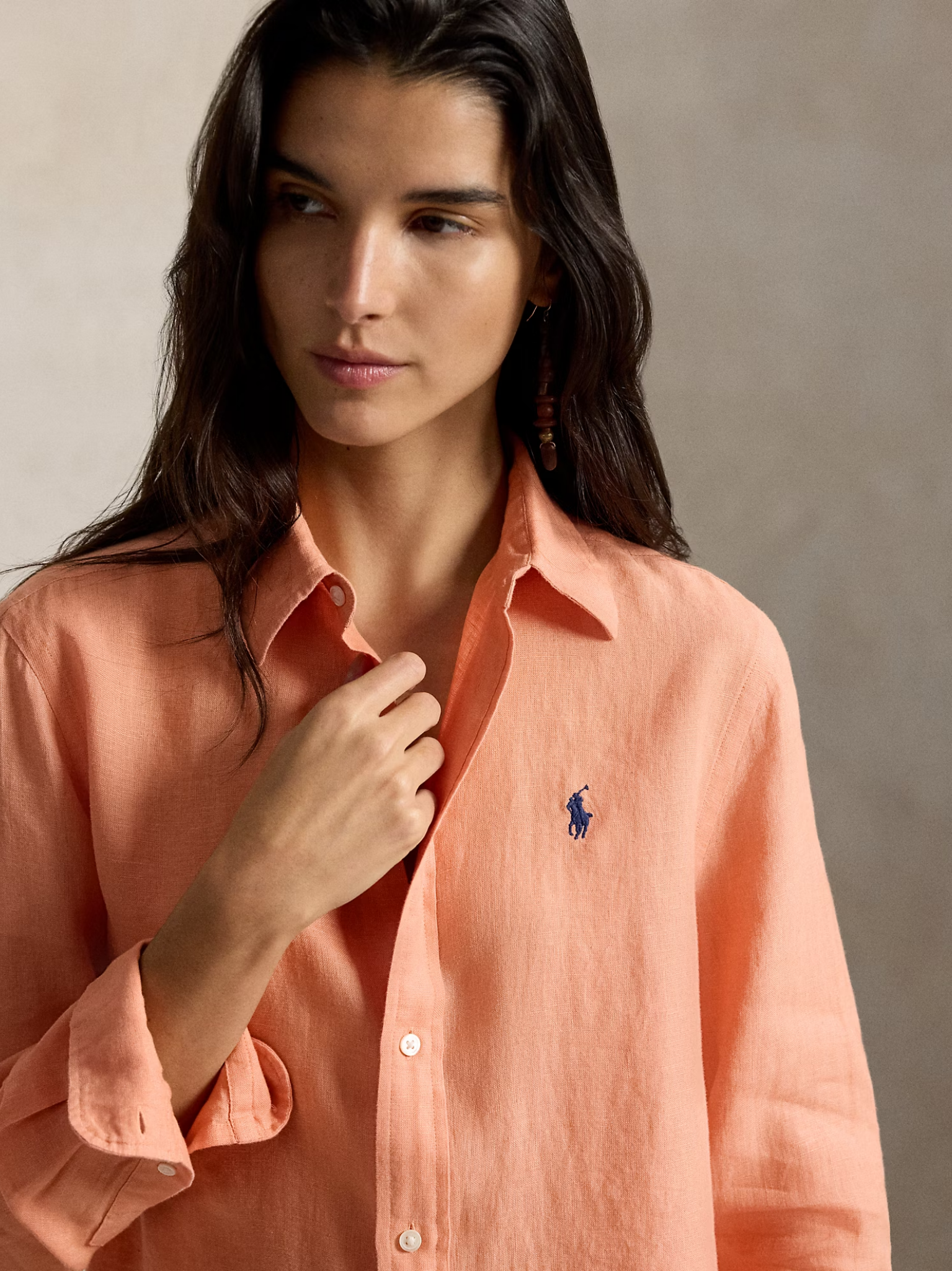 RALPH LAUREN WOMEN Classic Fit Linen Shirt Pastel Coral