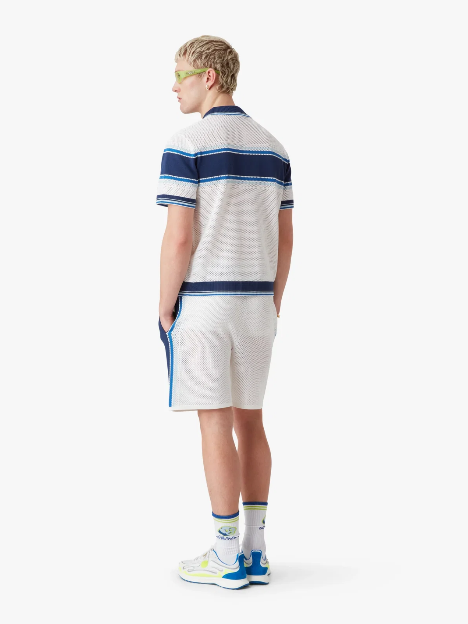 CASABLANCA Striped Mesh Short Sleeve Polo Shirt White/Blue