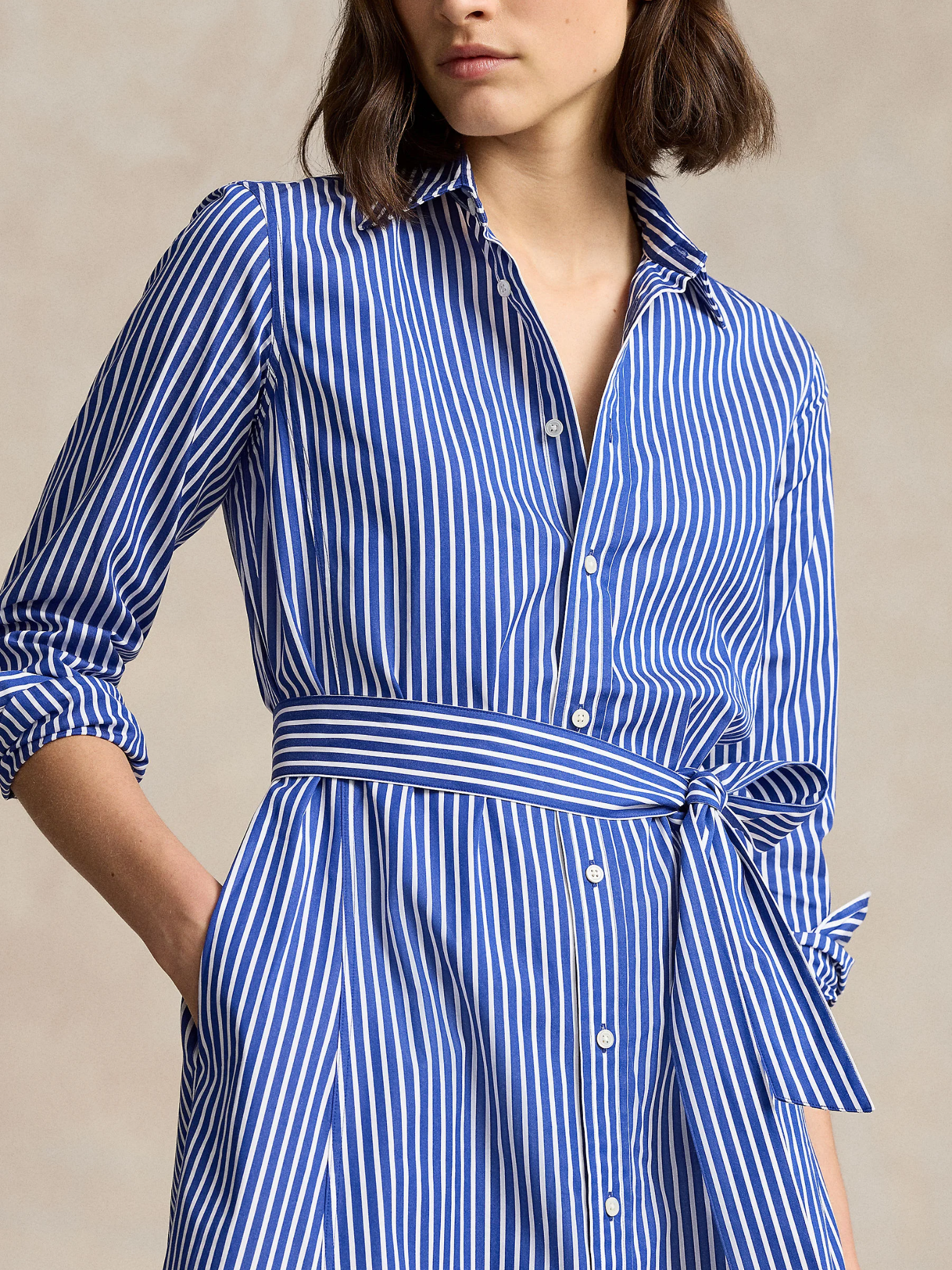 RALPH LAUREN WOMEN Belted Striped Cotton Shirt Dress Bright Navy/White