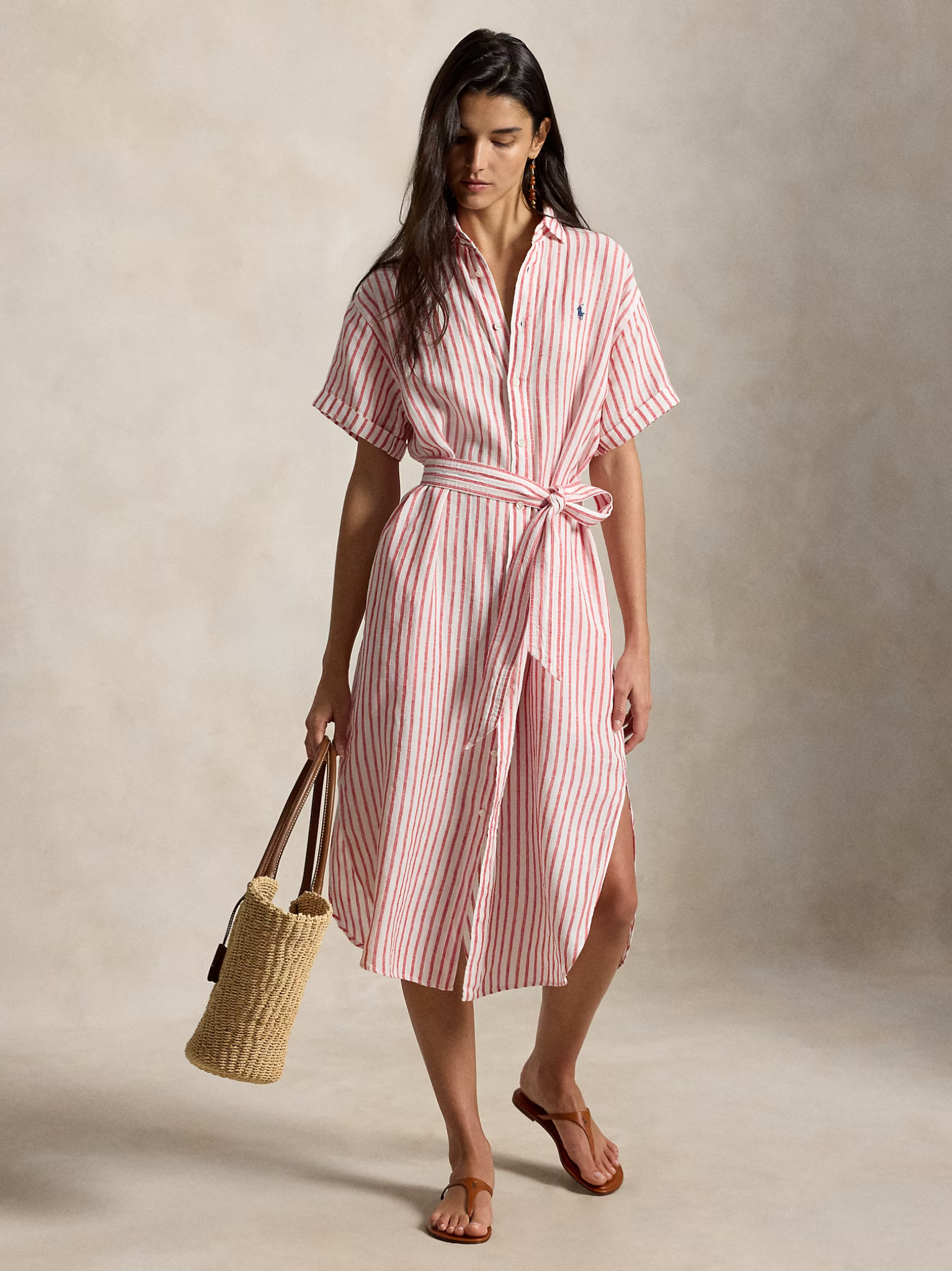 RALPH LAUREN WOMEN Short-Sleeved Striped Linen Shirt Dress White/Red