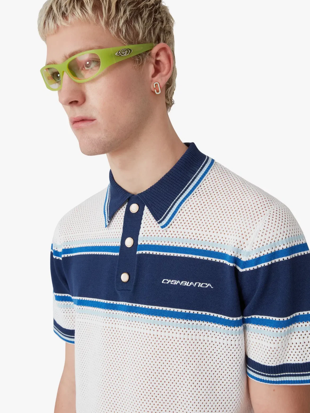 CASABLANCA Striped Mesh Short Sleeve Polo Shirt White/Blue