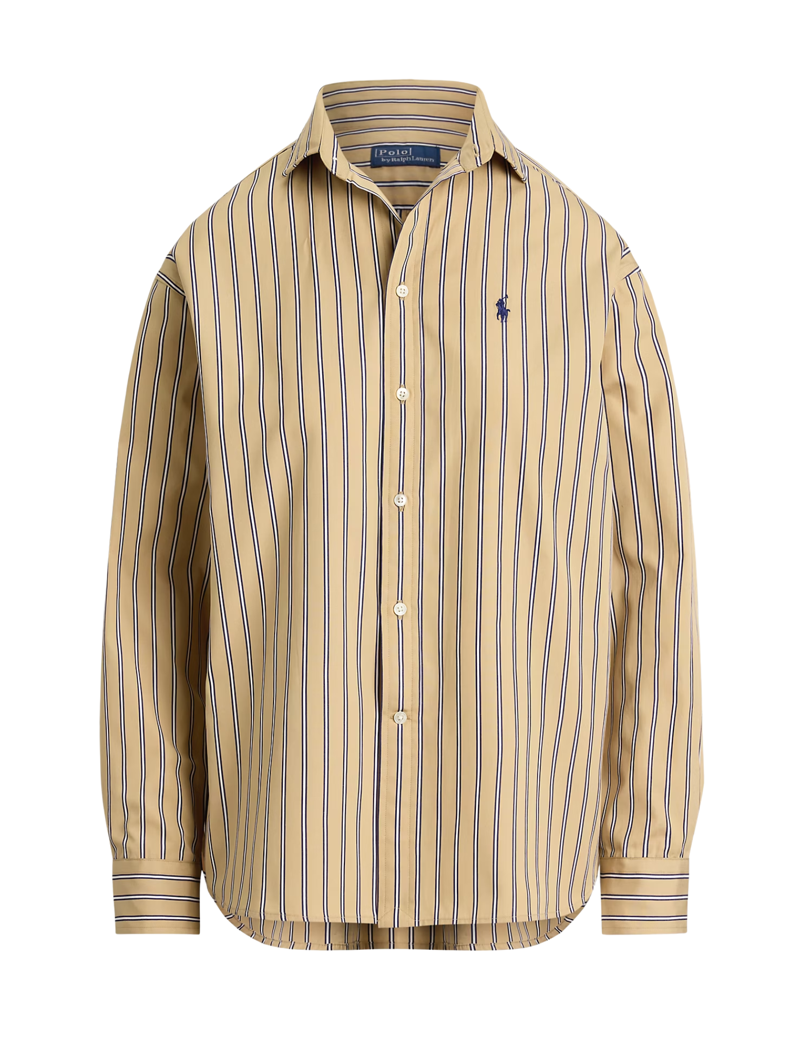 RALPH LAUREN WOMEN Relaxed Fit Striped Cotton Shirt Tan Royal Multi