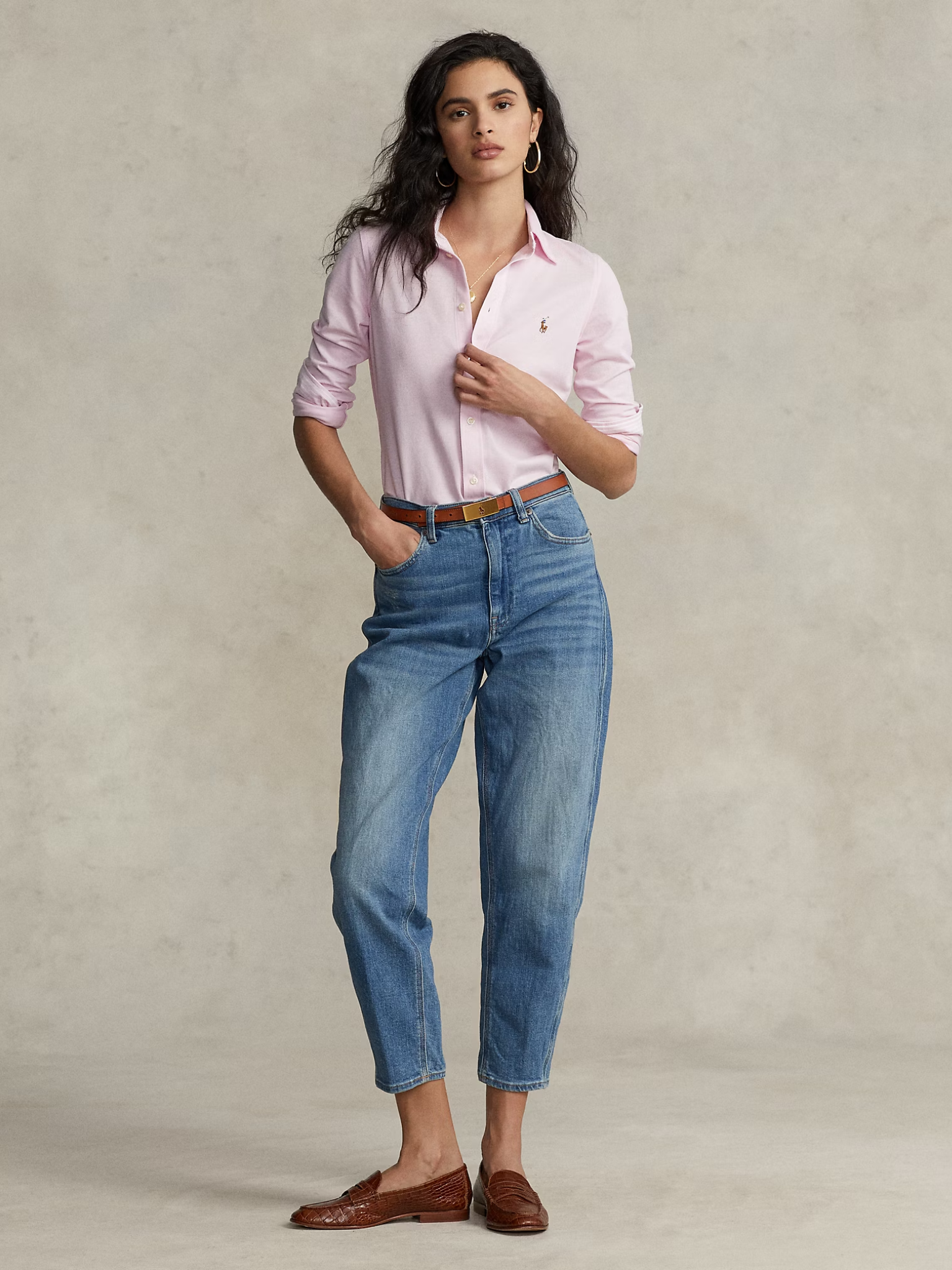 RALPH LAUREN WOMEN Slim Fit Knit Cotton Oxford Shirt Pink