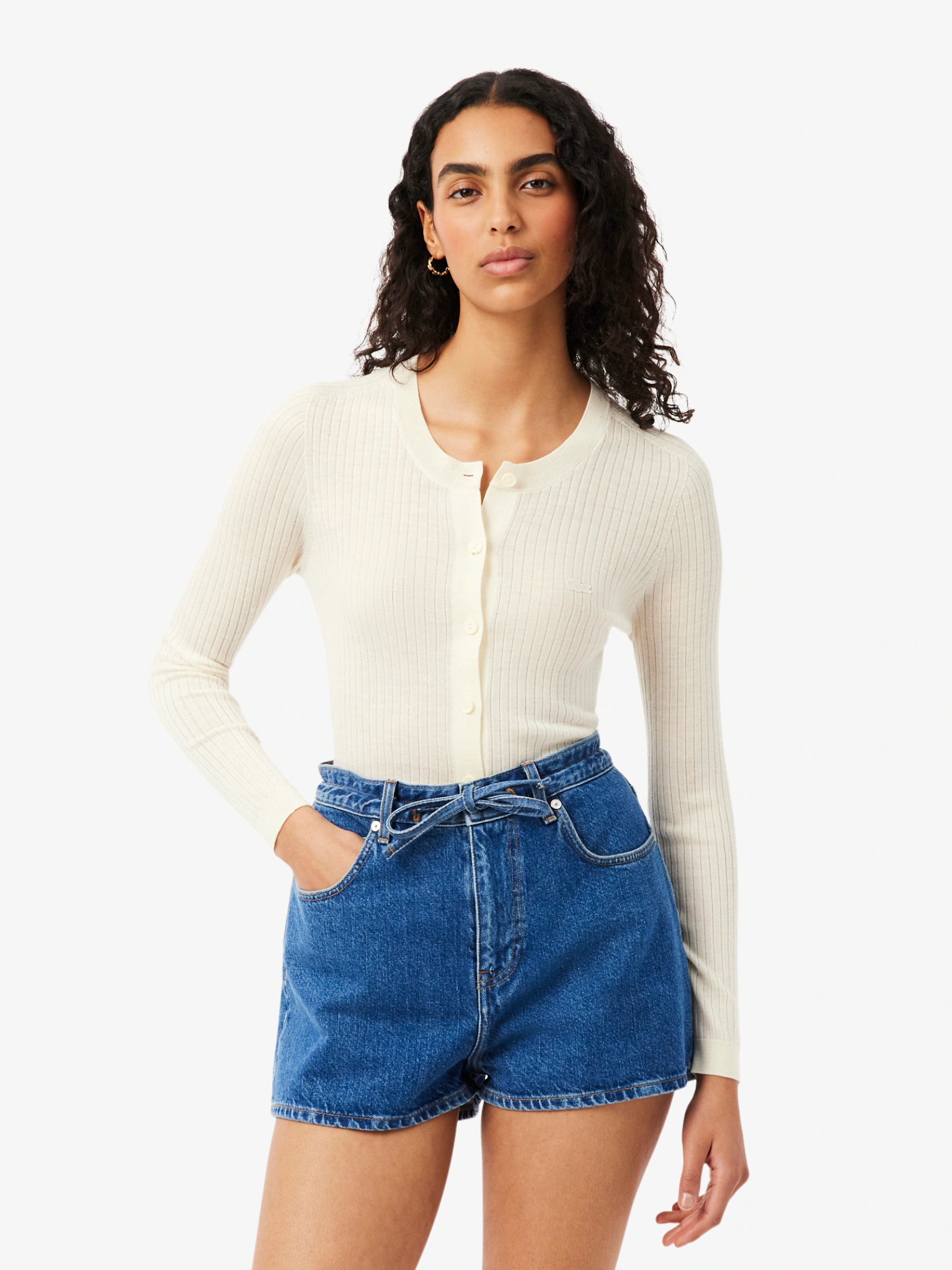 LACOSTE WOMEN Rib Knit Merino Wool Cardigan White