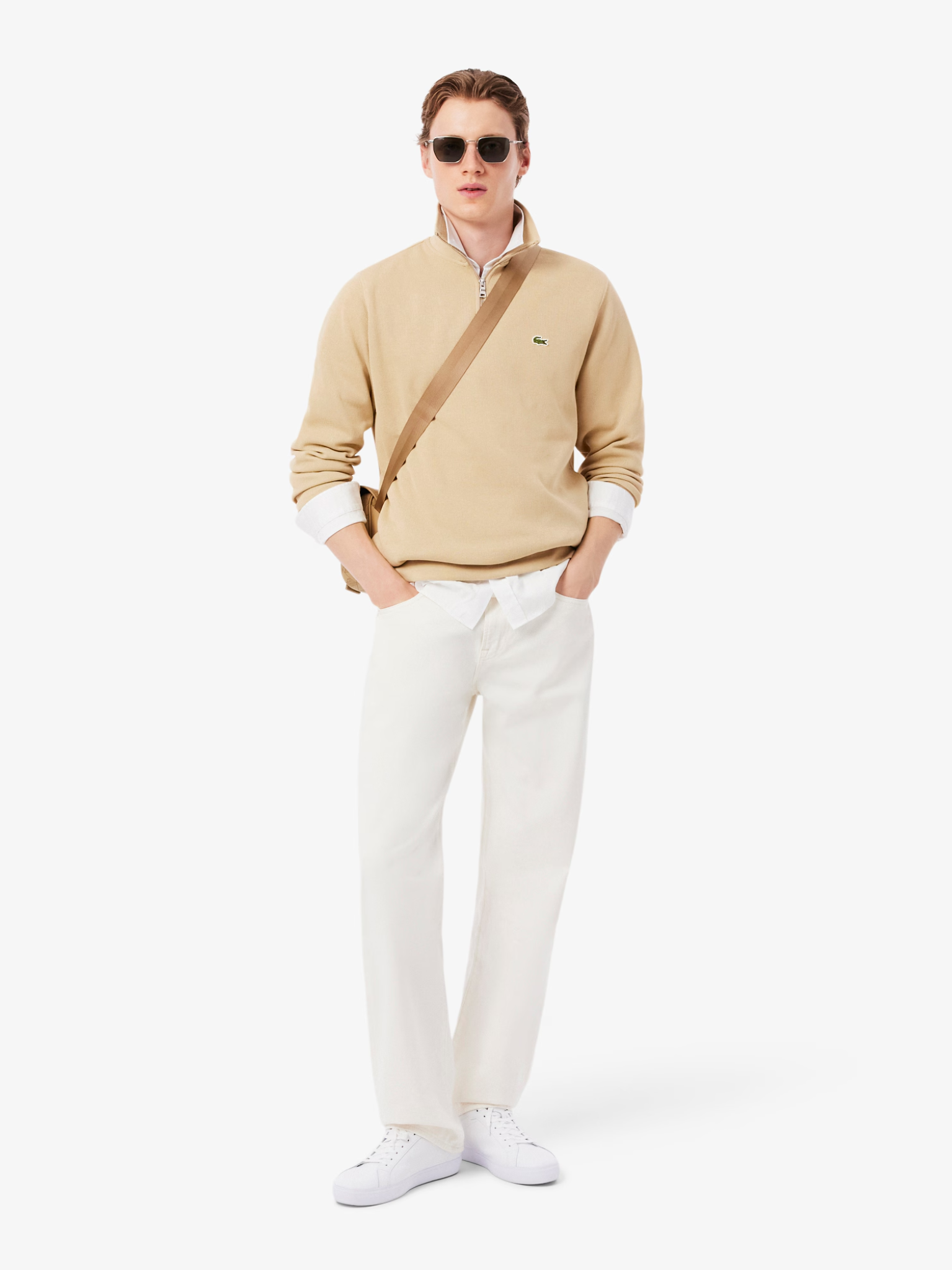 LACOSTE Zip-Up High Neck Interlock Sweatshirt Beige