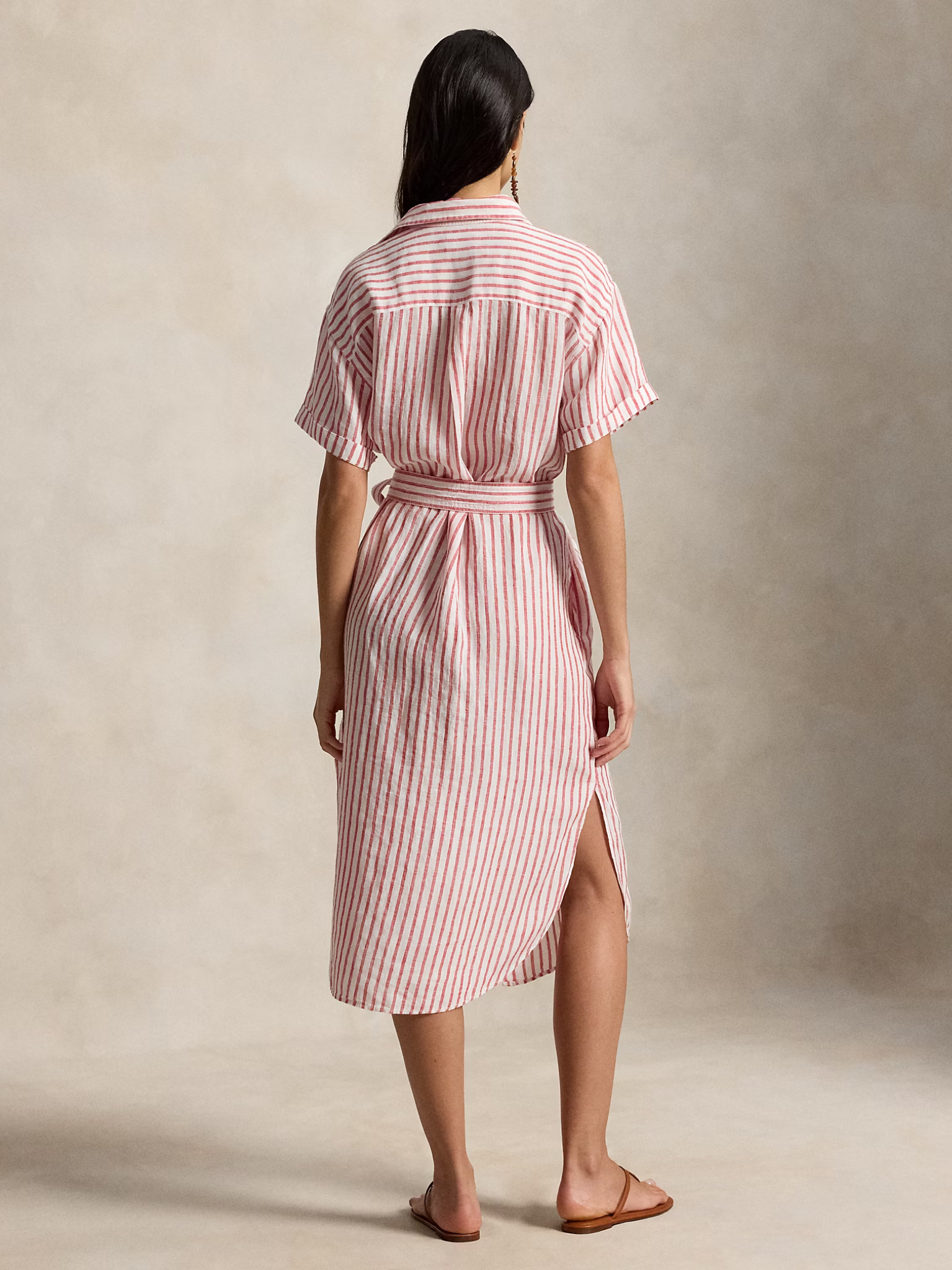 RALPH LAUREN WOMEN Short-Sleeved Striped Linen Shirt Dress White/Red