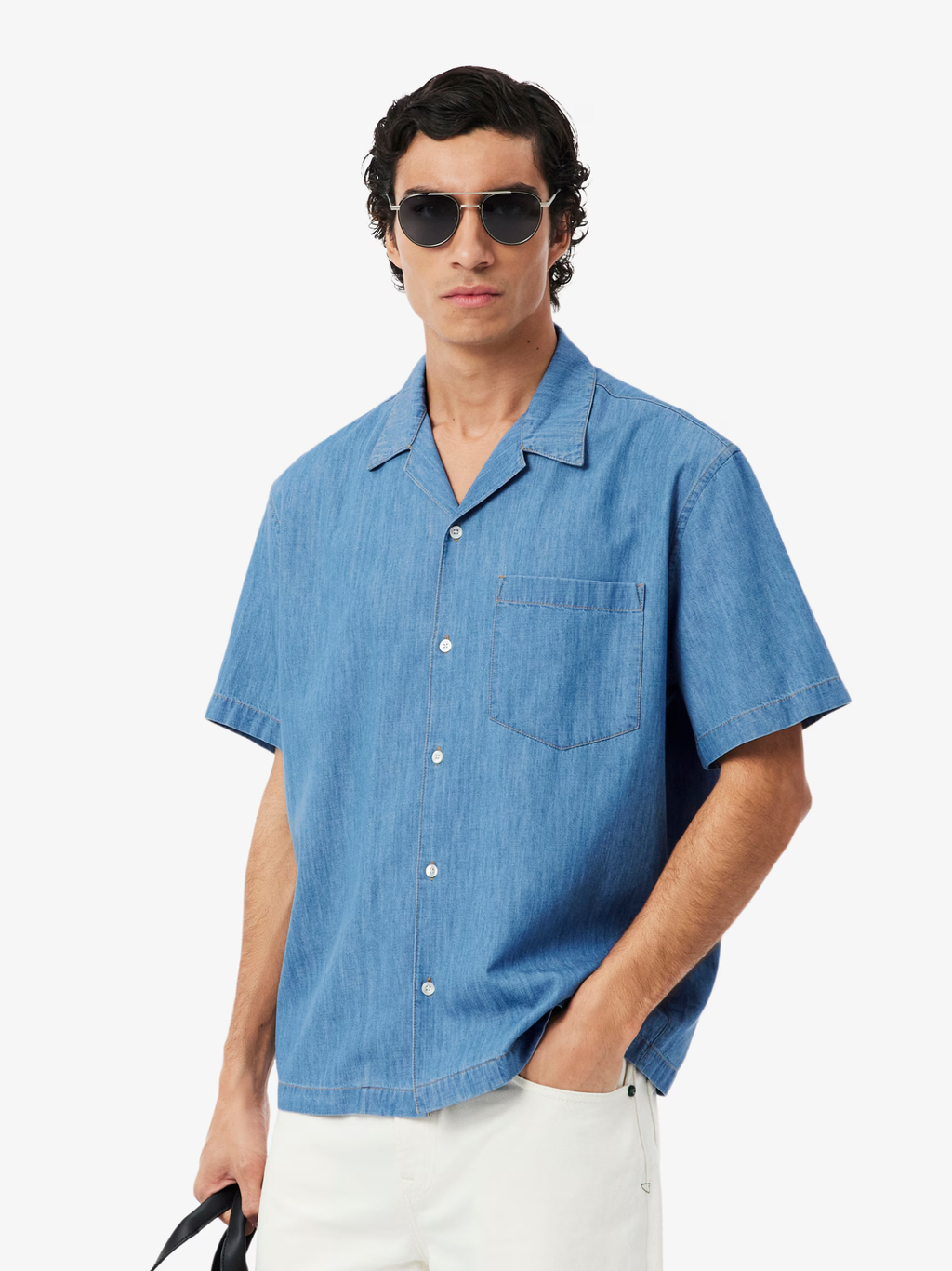 LACOSTE Relaxed Fit Open Neck Denim Shirt Blue
