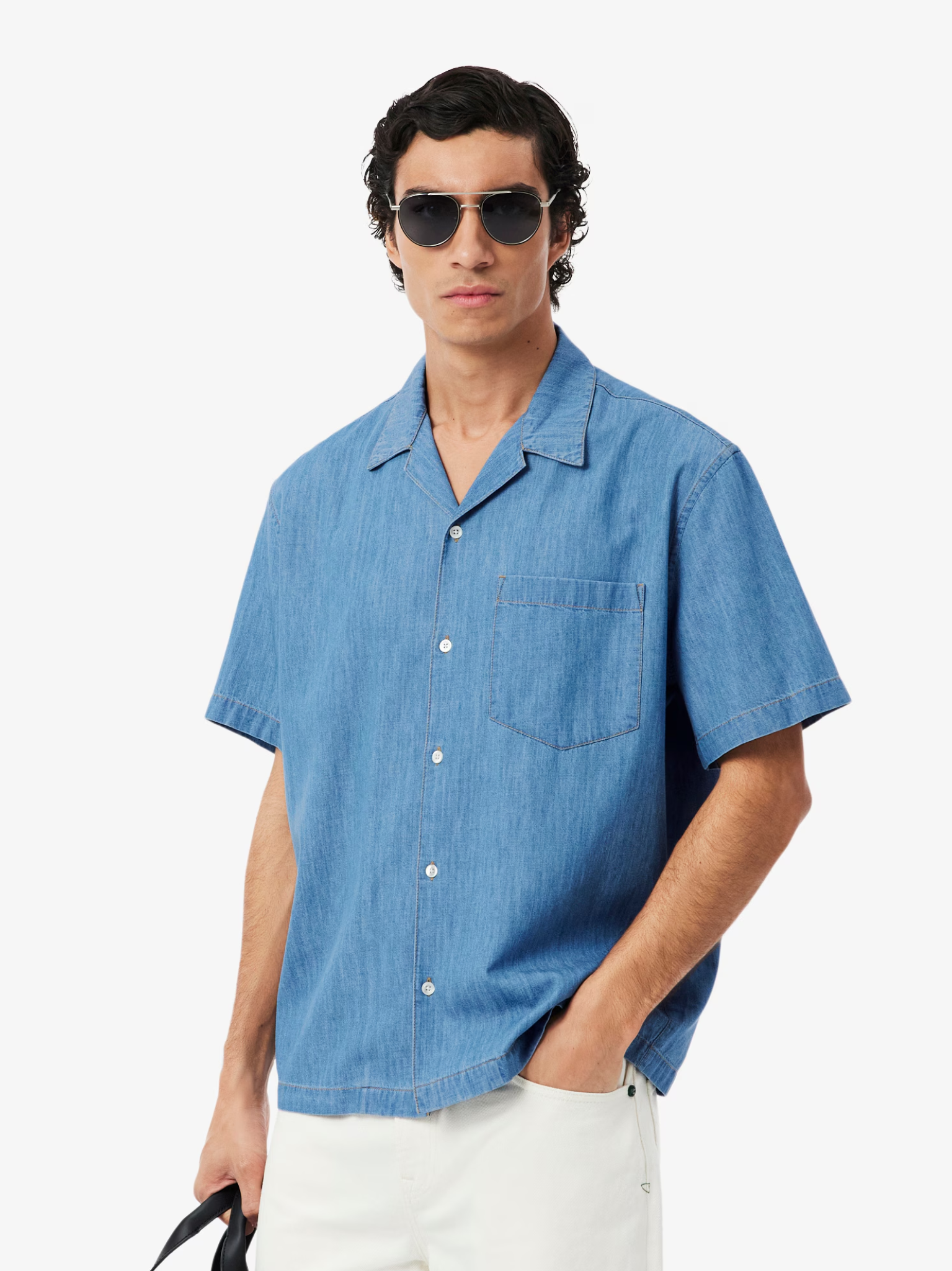 LACOSTE Relaxed Fit Open Neck Denim Shirt Blue