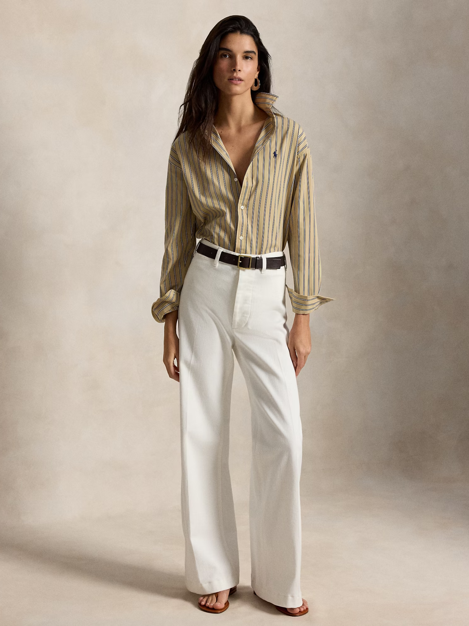 RALPH LAUREN WOMEN Relaxed Fit Striped Cotton Shirt Tan Royal Multi
