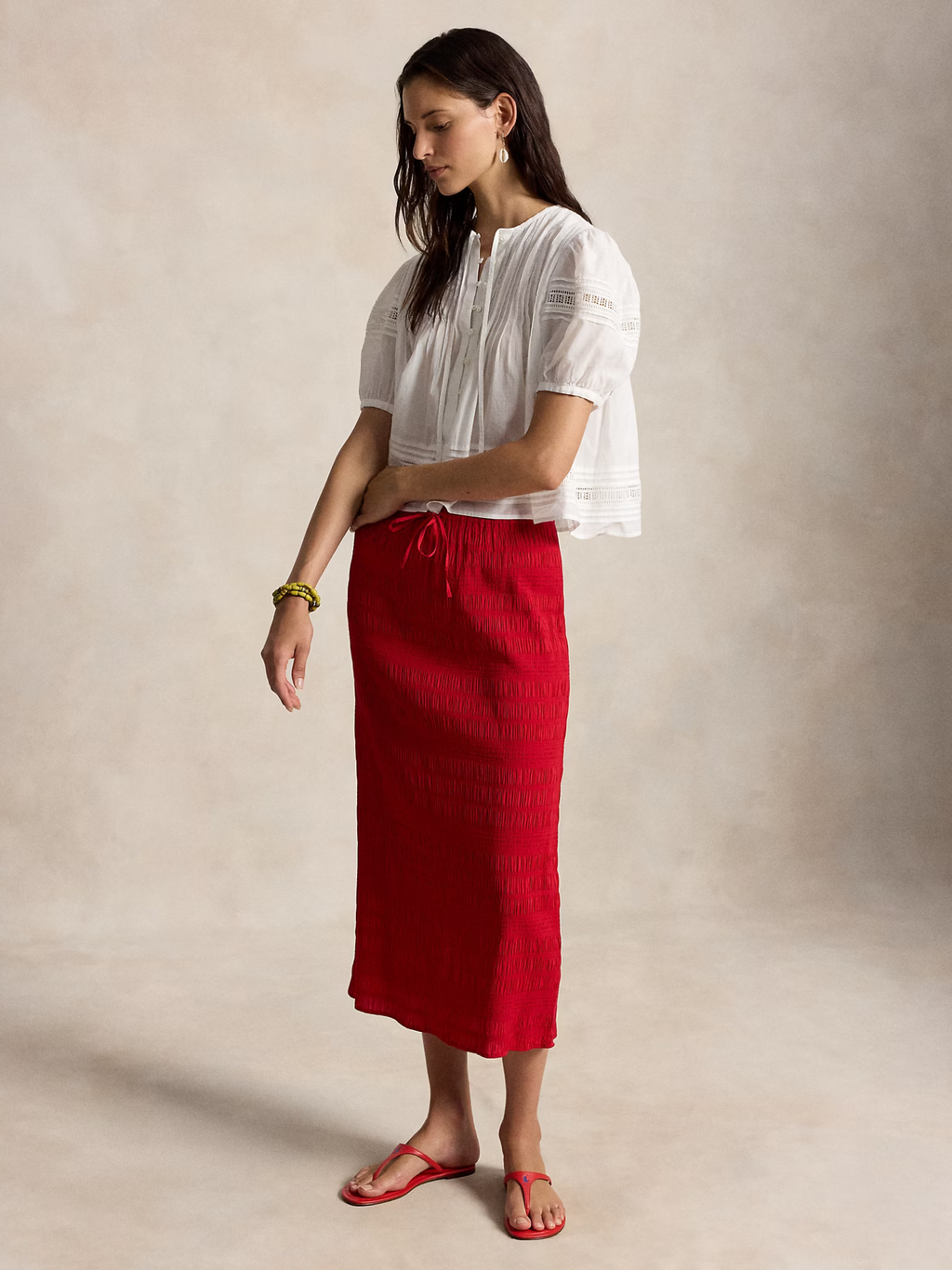 RALPH LAUREN WOMEN Seersucker Drawstring Skirt Cruise Red