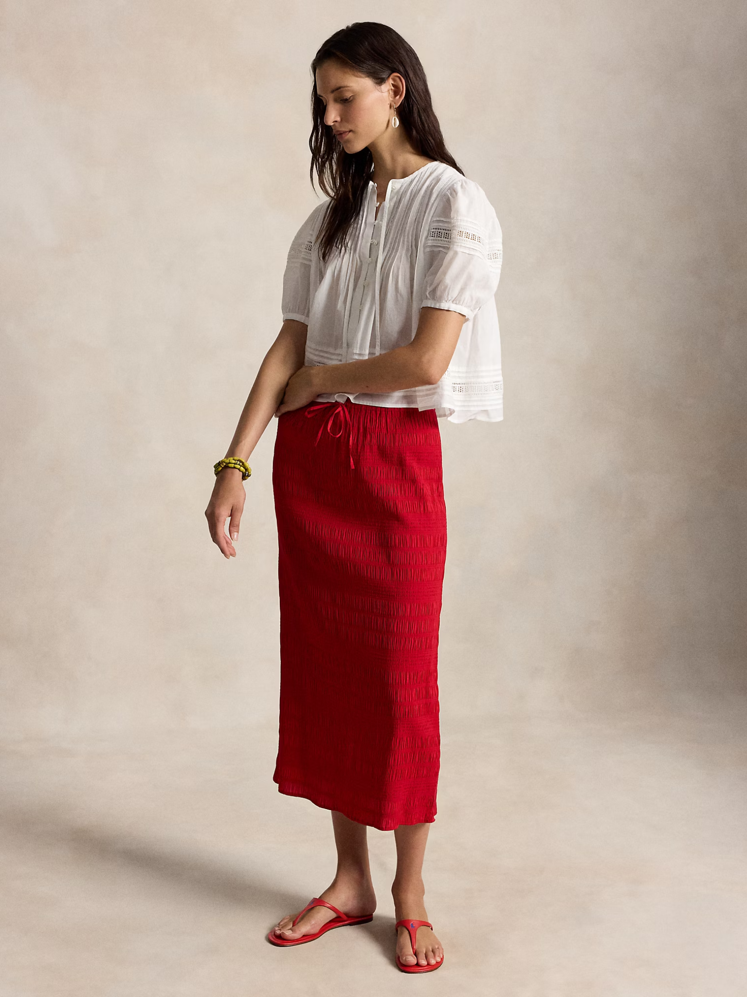 RALPH LAUREN WOMEN Seersucker Drawstring Skirt Cruise Red