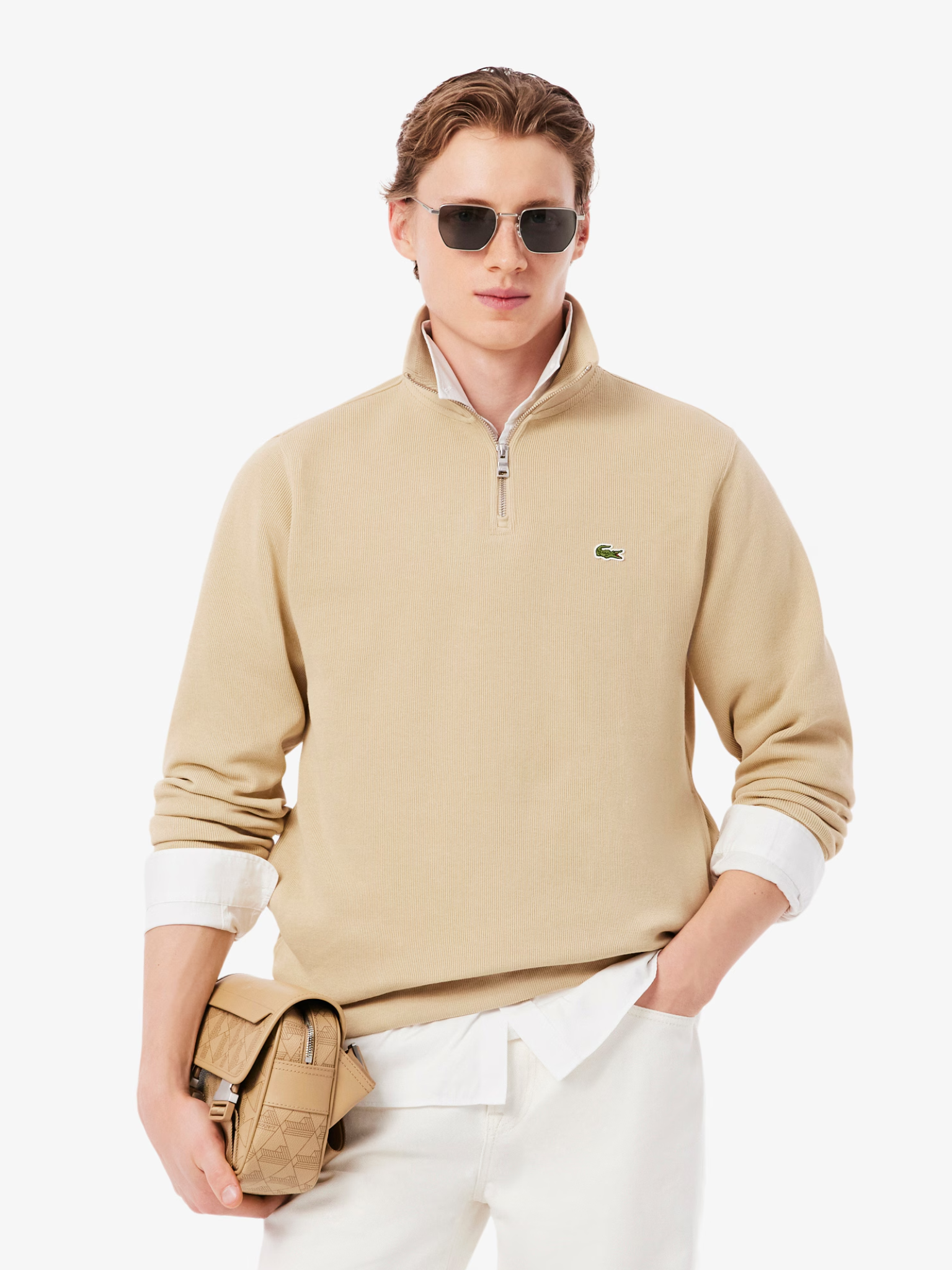 LACOSTE Zip-Up High Neck Interlock Sweatshirt Beige