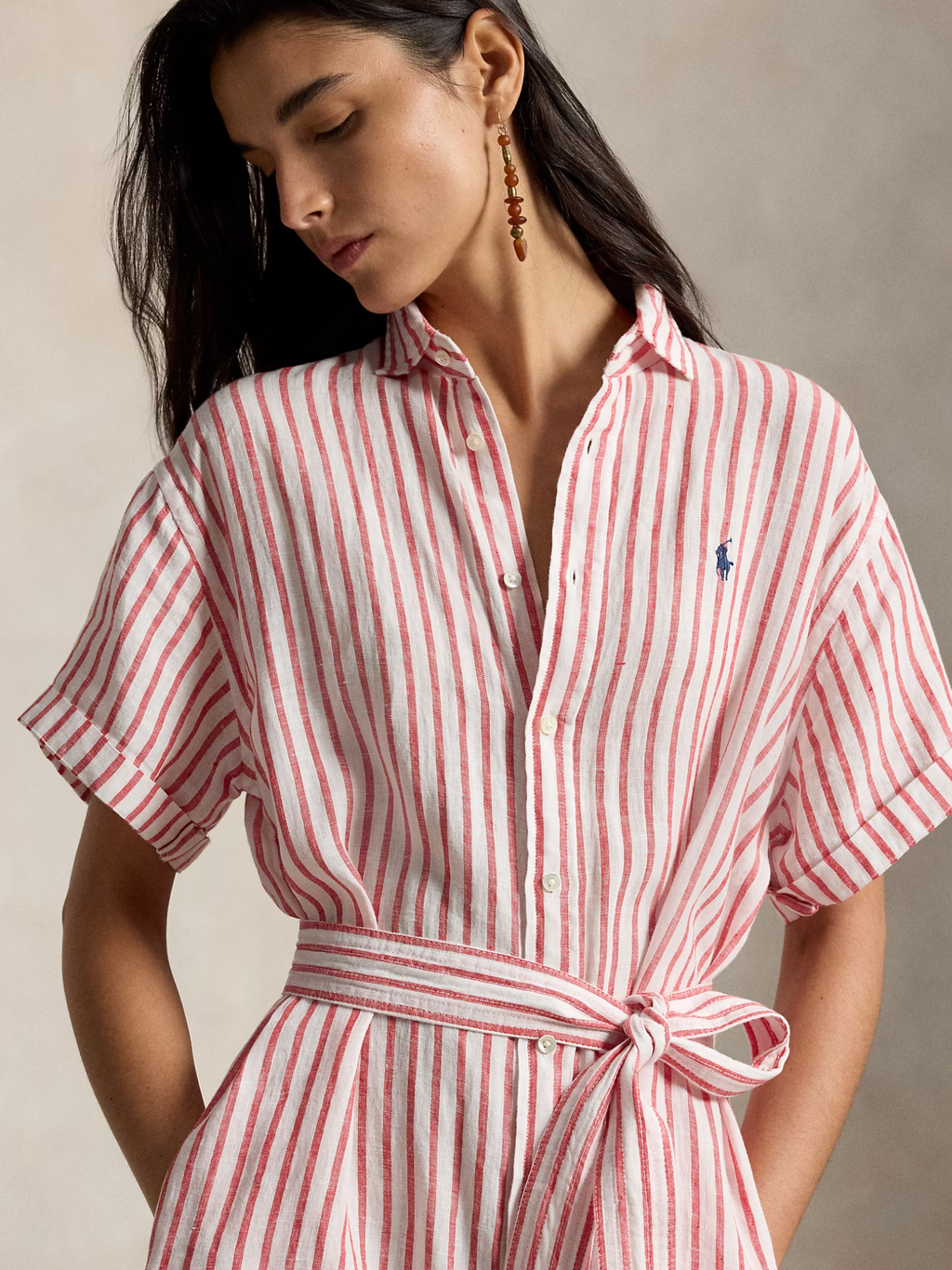 RALPH LAUREN WOMEN Short-Sleeved Striped Linen Shirt Dress White/Red