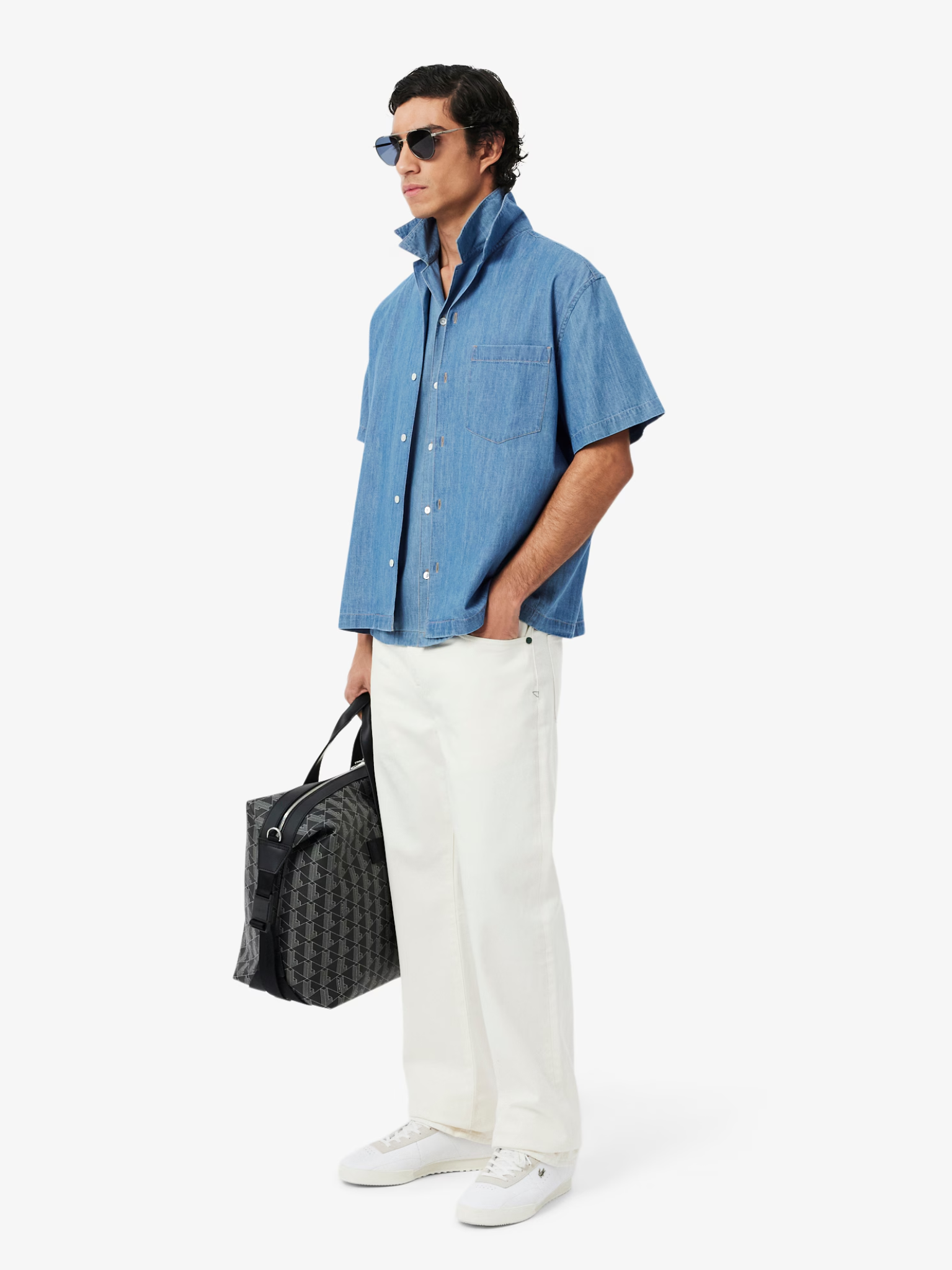 LACOSTE Relaxed Fit Open Neck Denim Shirt Blue