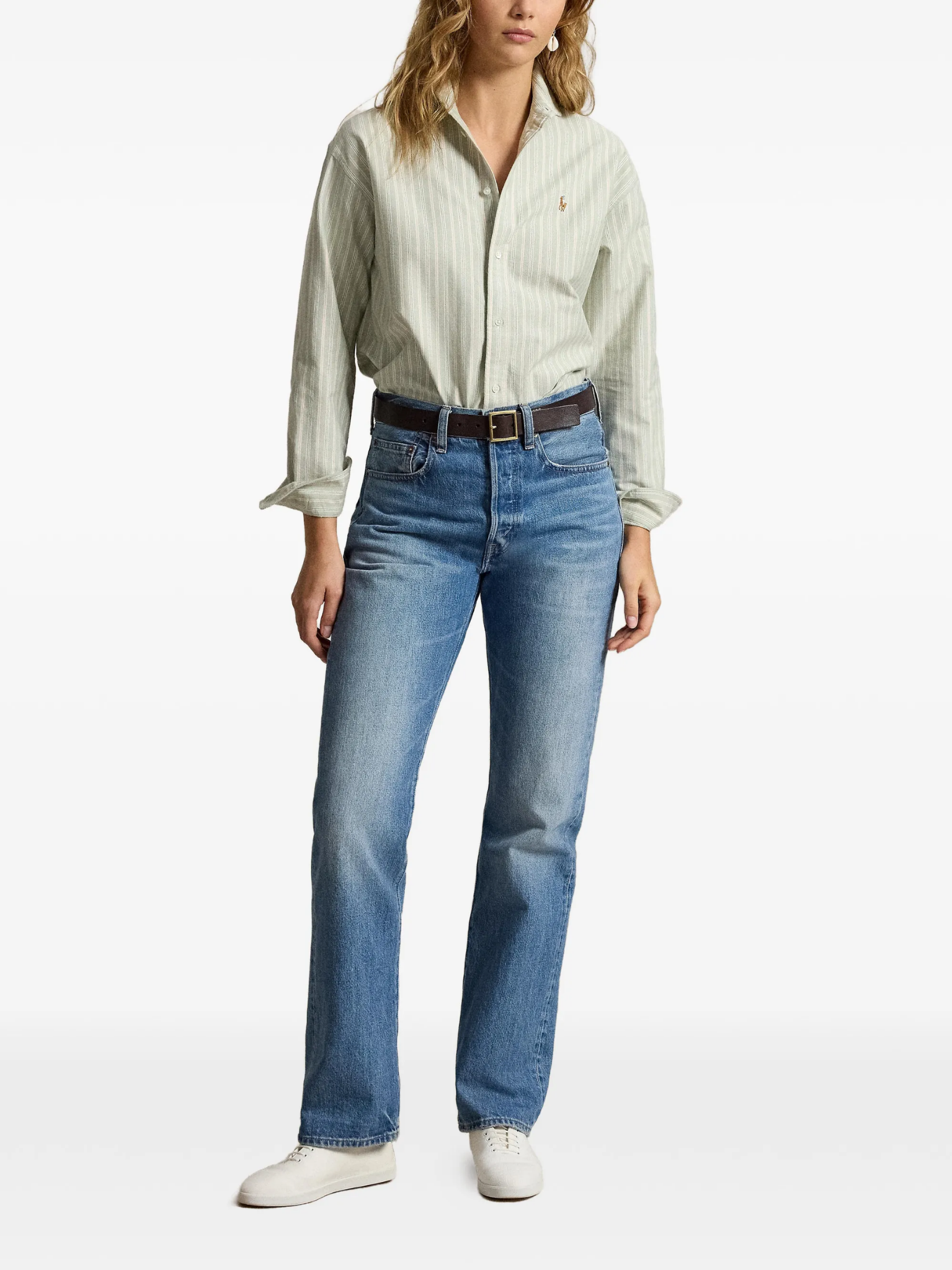RALPH LAUREN WOMEN Relaxed Fit Cotton Oxford Shirt Green/Pink