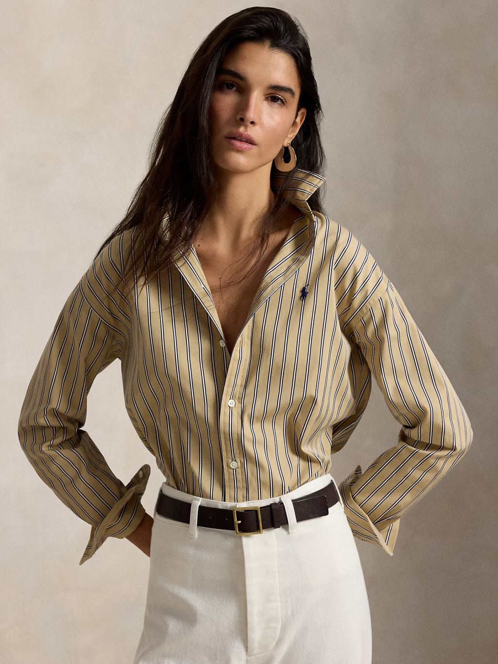 RALPH LAUREN WOMEN Relaxed Fit Striped Cotton Shirt Tan Royal Multi