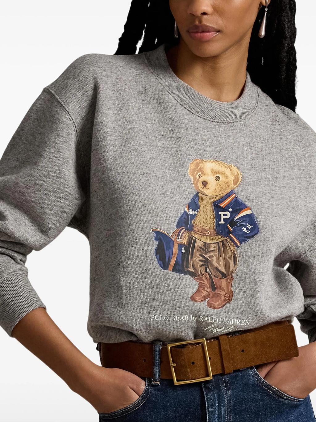 RALPH LAUREN WOMEN Polo Bear Fleece Crewneck Dark Vintage Heather