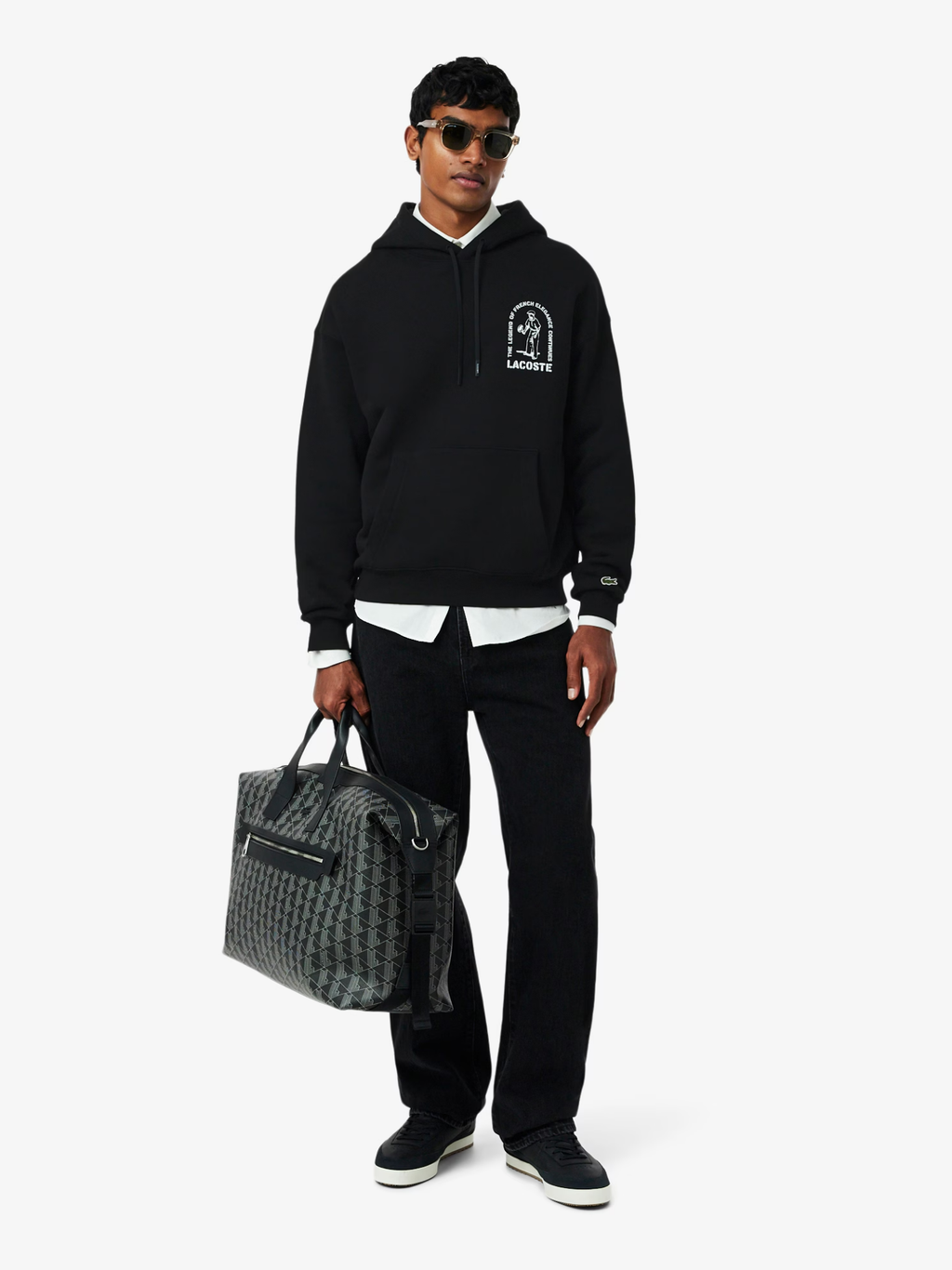 LACOSTE Loose Fit Printed Hoodie Black