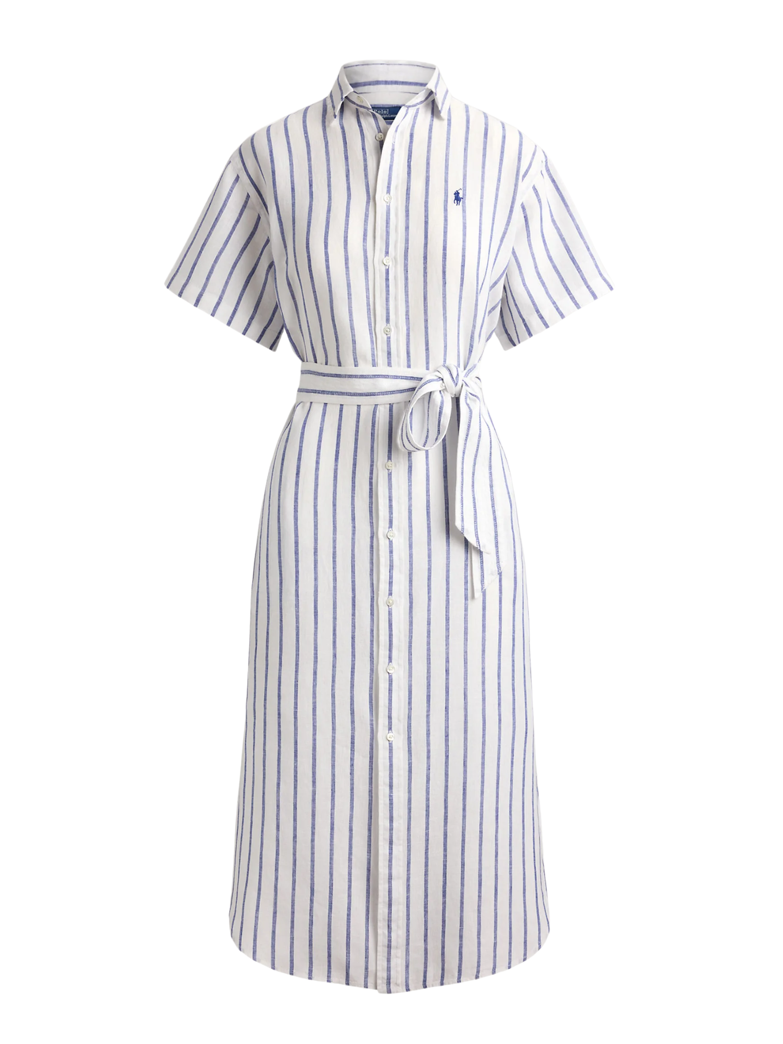 RALPH LAUREN WOMEN Striped Linen Short-sleeve Shirtdress White/Royal