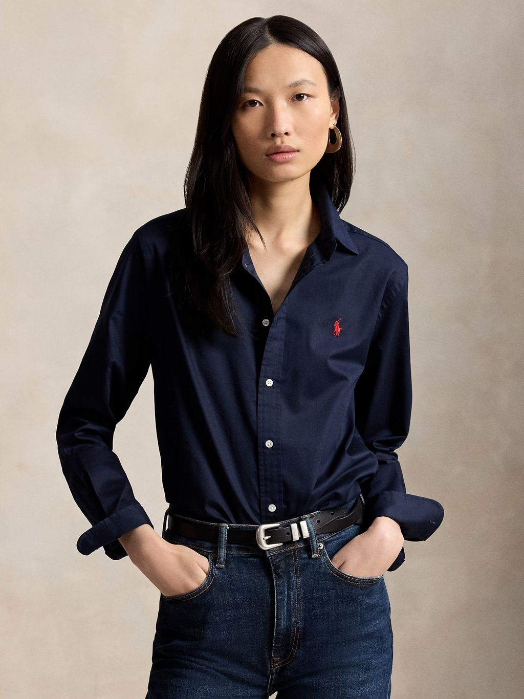 RALPH LAUREN WOMEN Classic Fit Cotton Twill Shirt Hunter Navy