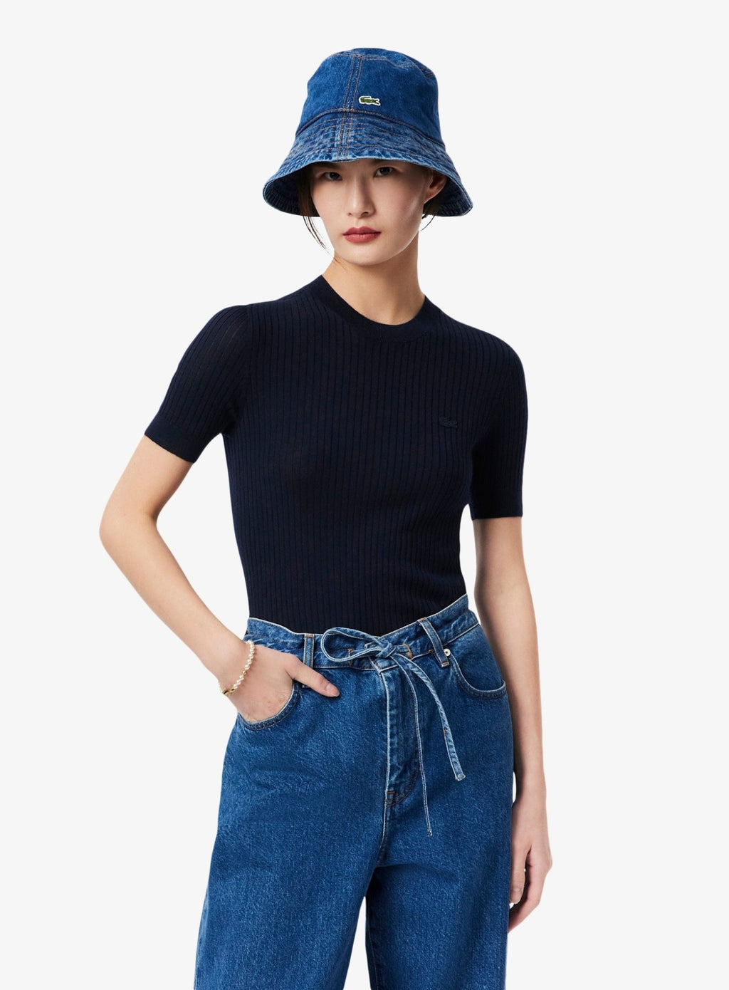 LACOSTE WOMEN Short Sleeved Merino Wool Rib Knit Sweater Midnight Blue
