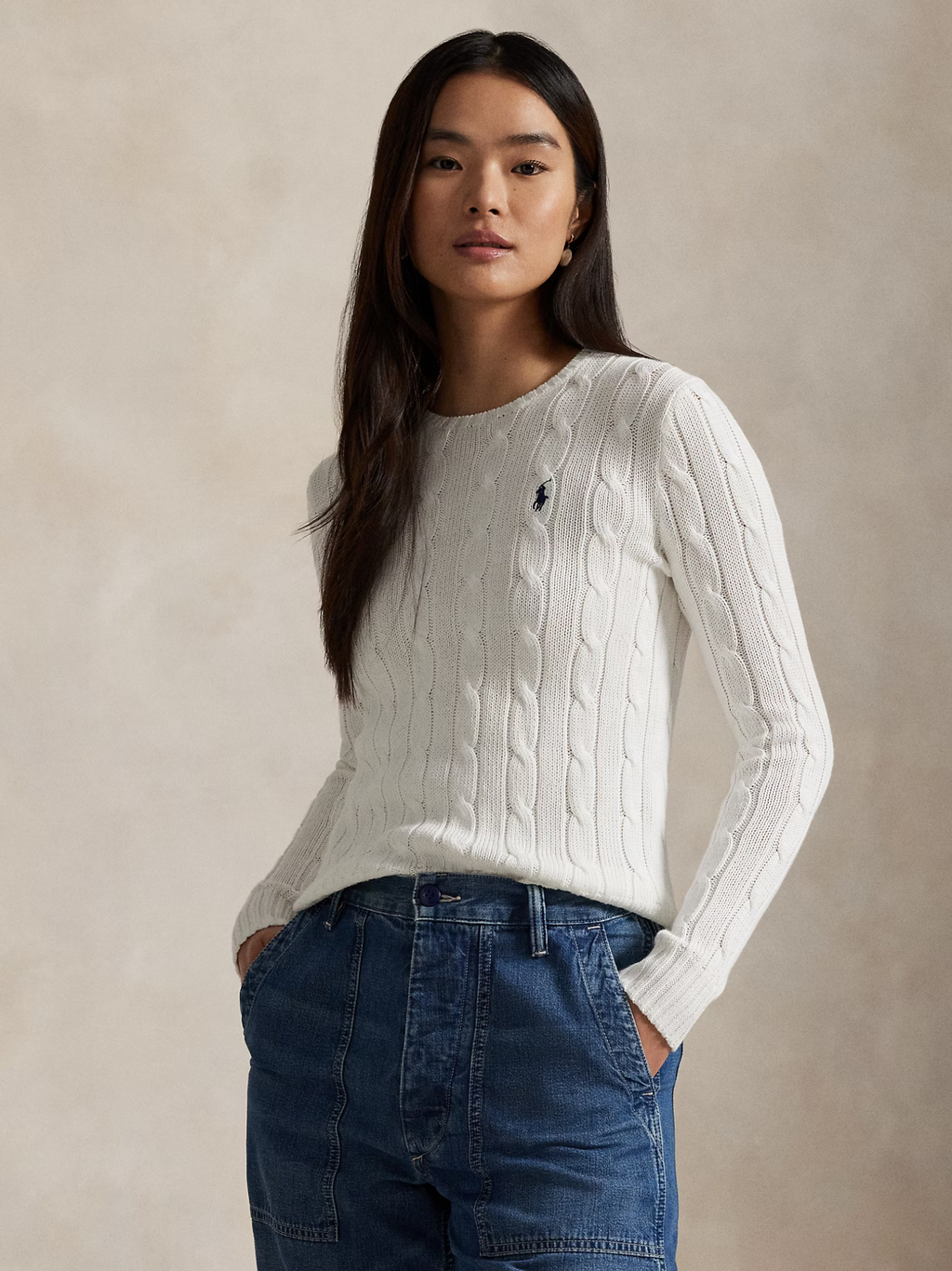 RALPH LAUREN WOMEN Cable-Knit Cotton Crewneck Jumper White
