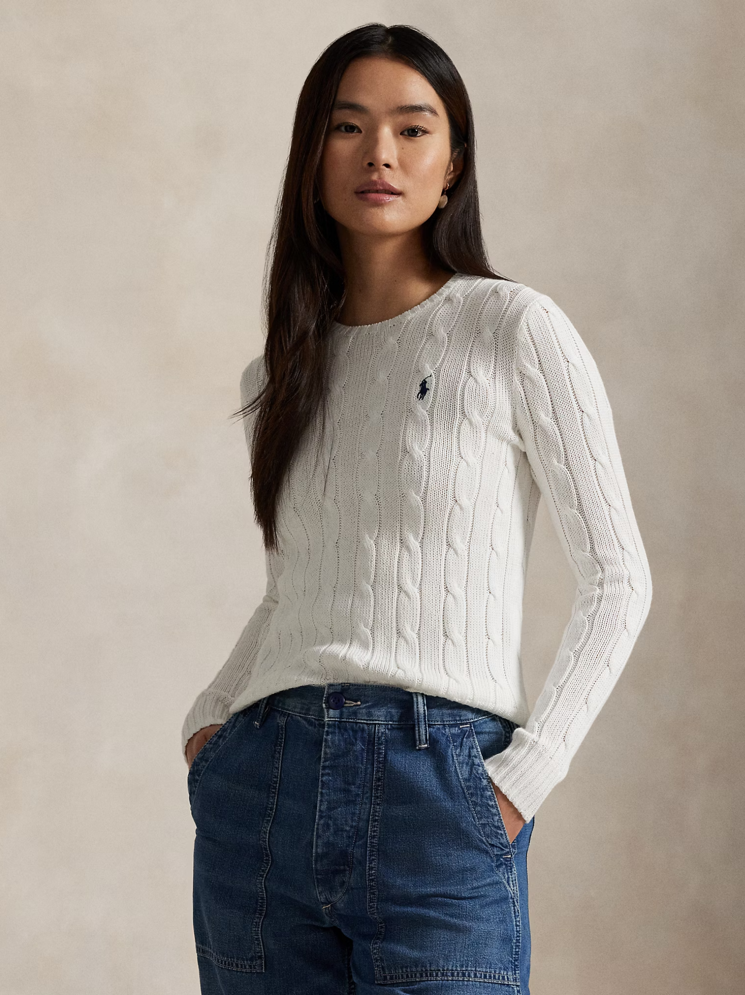 RALPH LAUREN WOMEN Cable-Knit Cotton Crewneck Jumper White