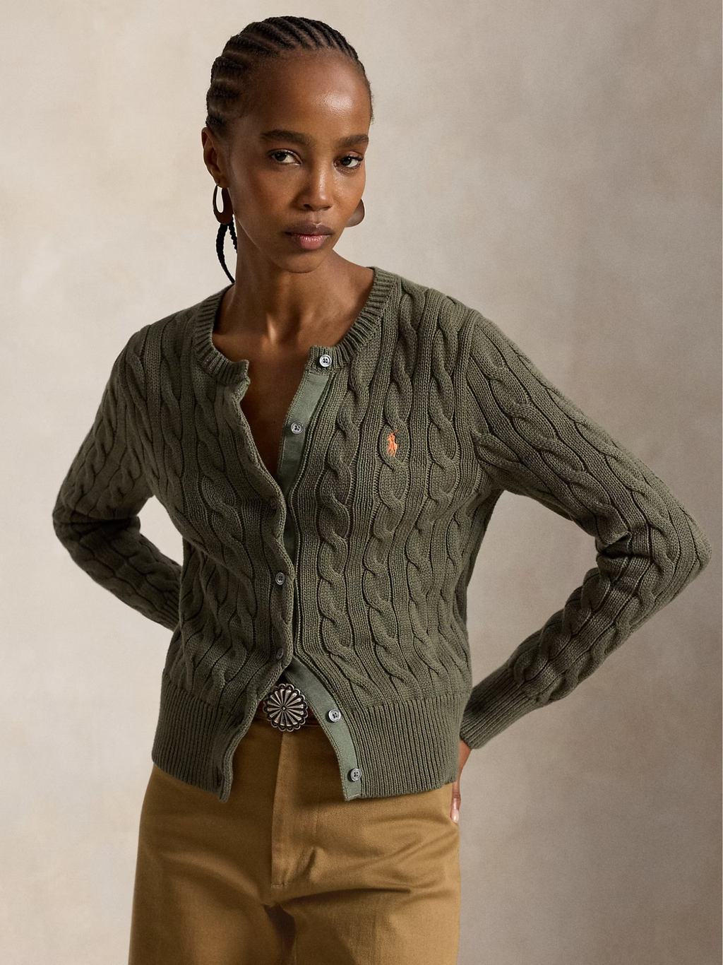 RALPH LAUREN WOMEN Cable-knit Cotton Crewneck Cardigan Dense Olive