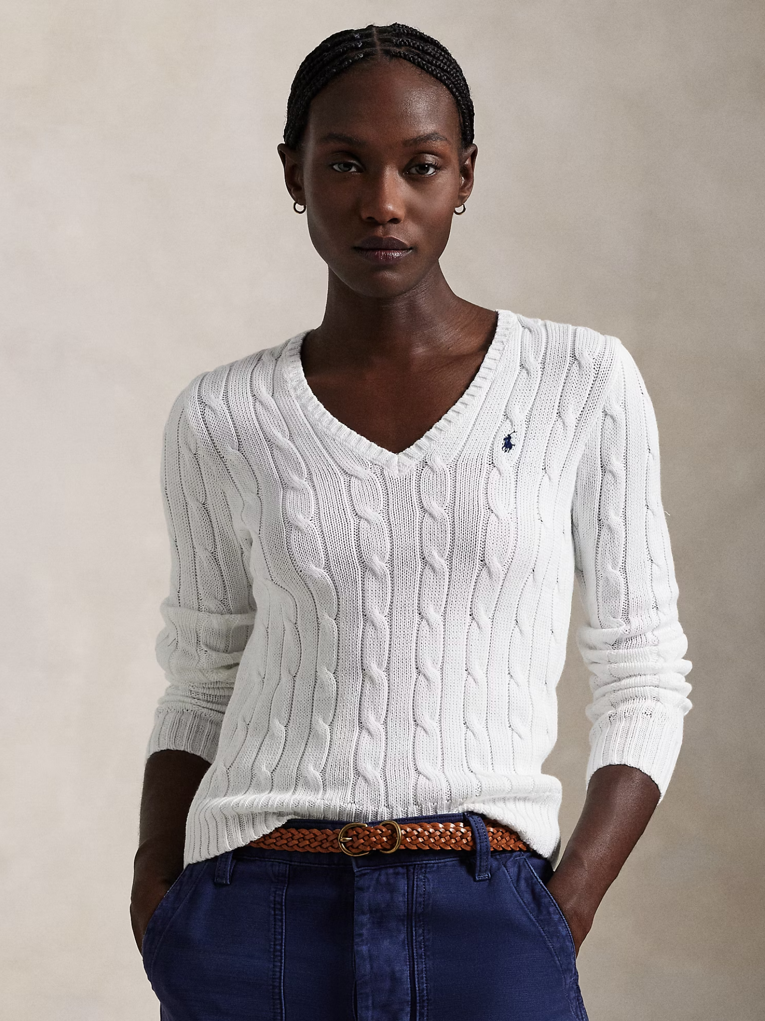 RALPH LAUREN WOMEN Cable-Knit Cotton V-Neck Jumper White