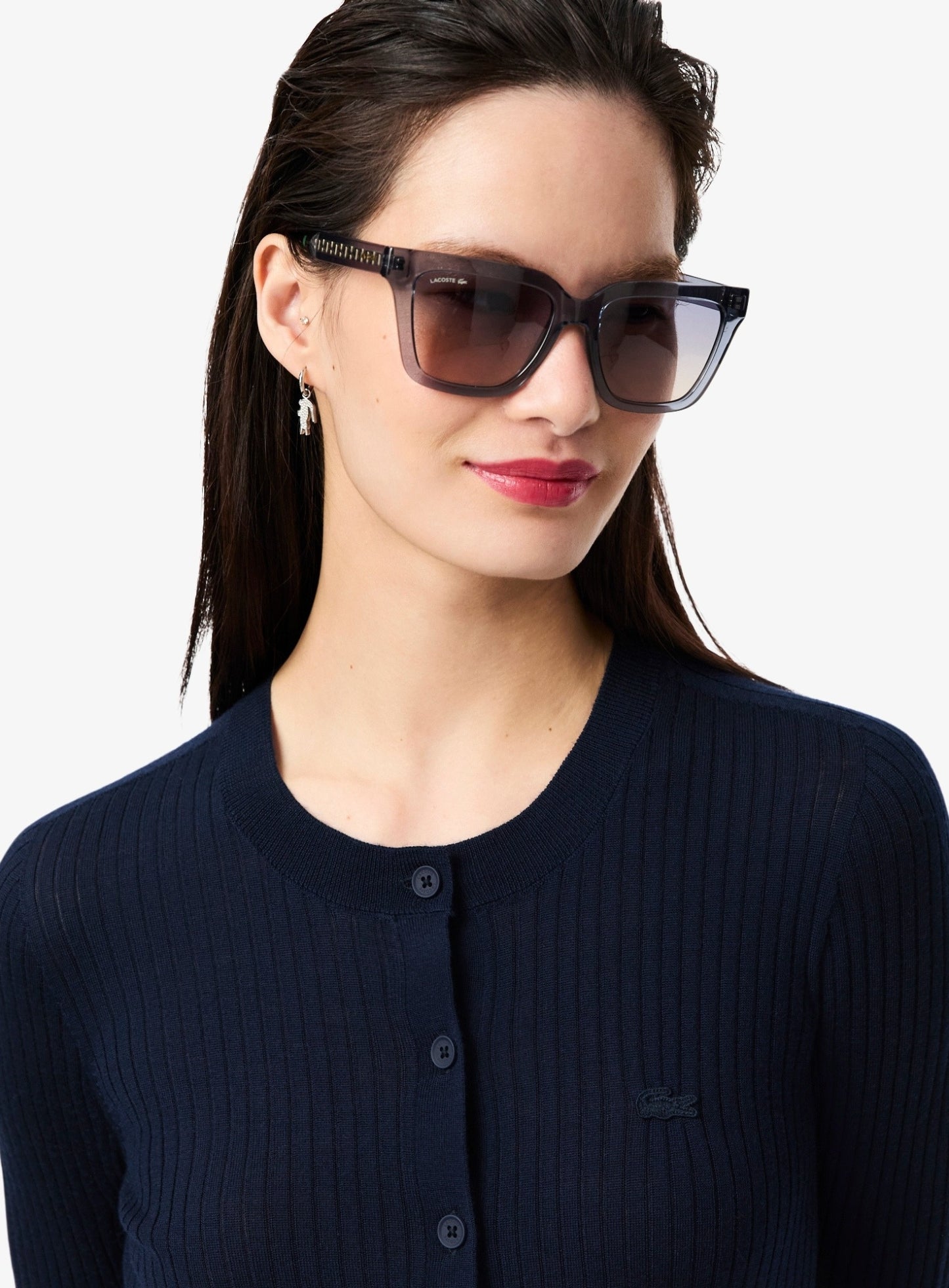 LACOSTE WOMEN Rib Knit Merino Wool Cardigan Midnight Blue