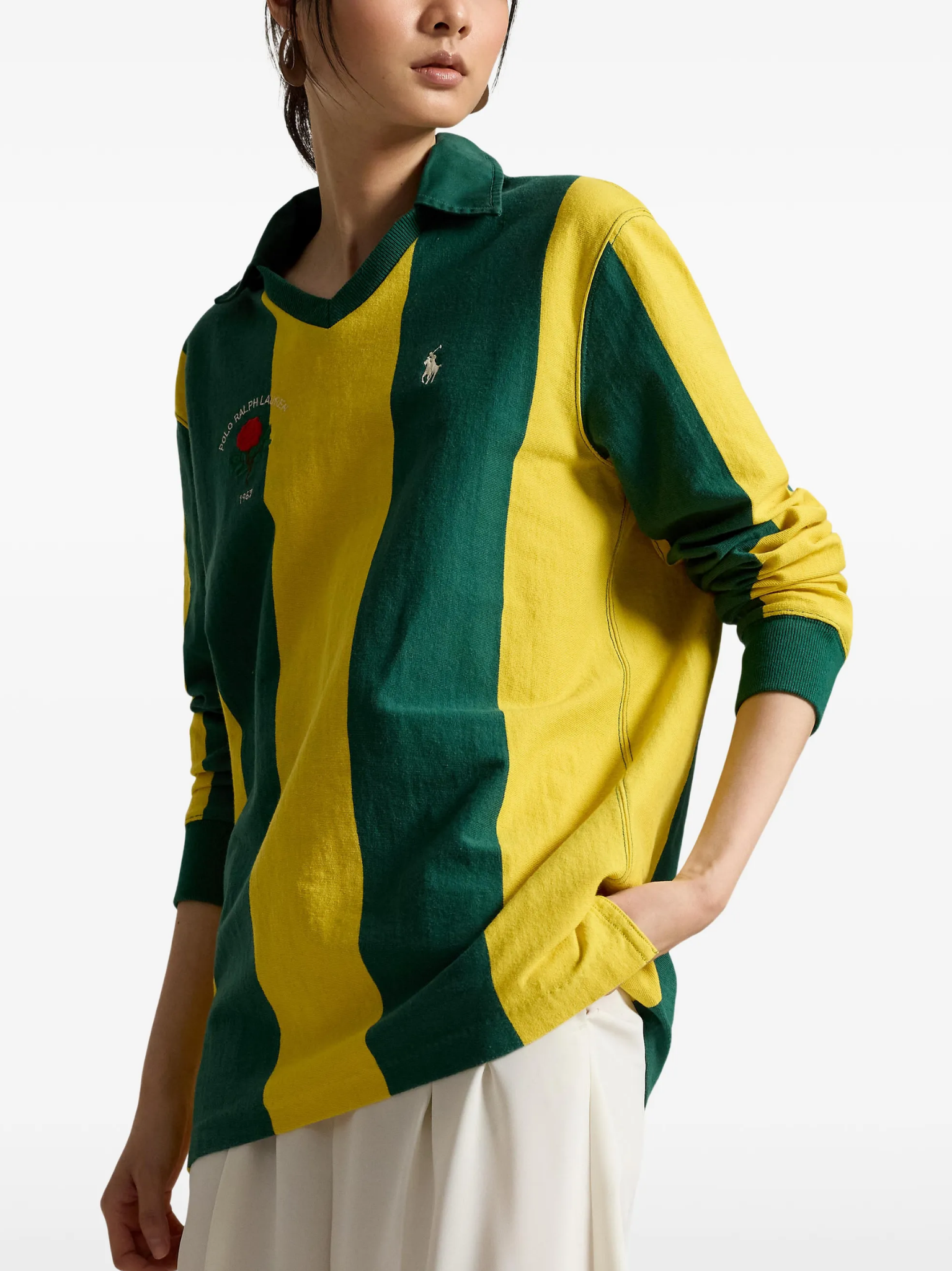 RALPH LAUREN WOMEN Oversize Embroidered Cotton Rugby Shirt Kelly Green/Canary Yellow