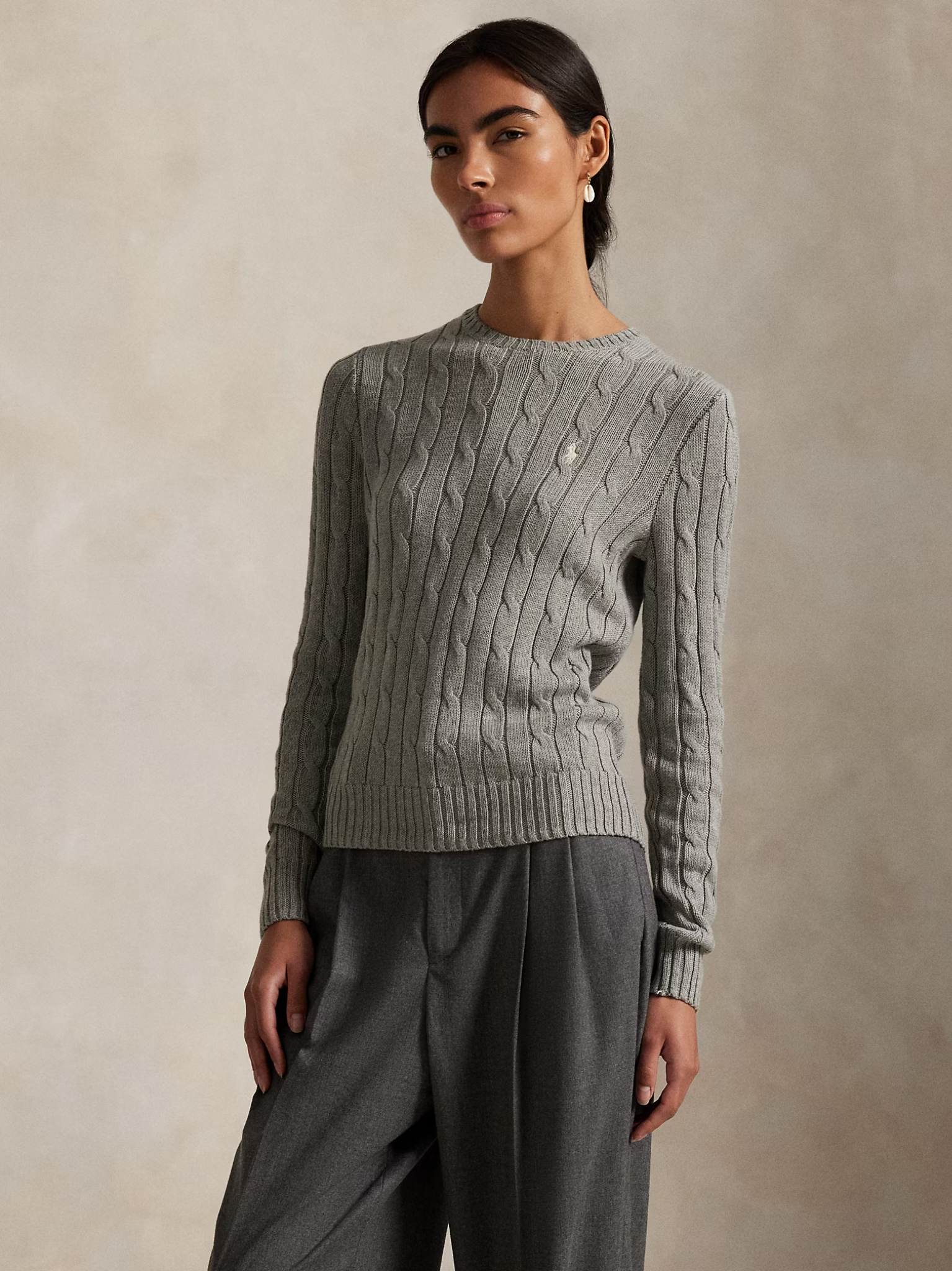 RALPH LAUREN WOMEN Cable-Knit Cotton Crewneck Jumper Fawn Grey Heather
