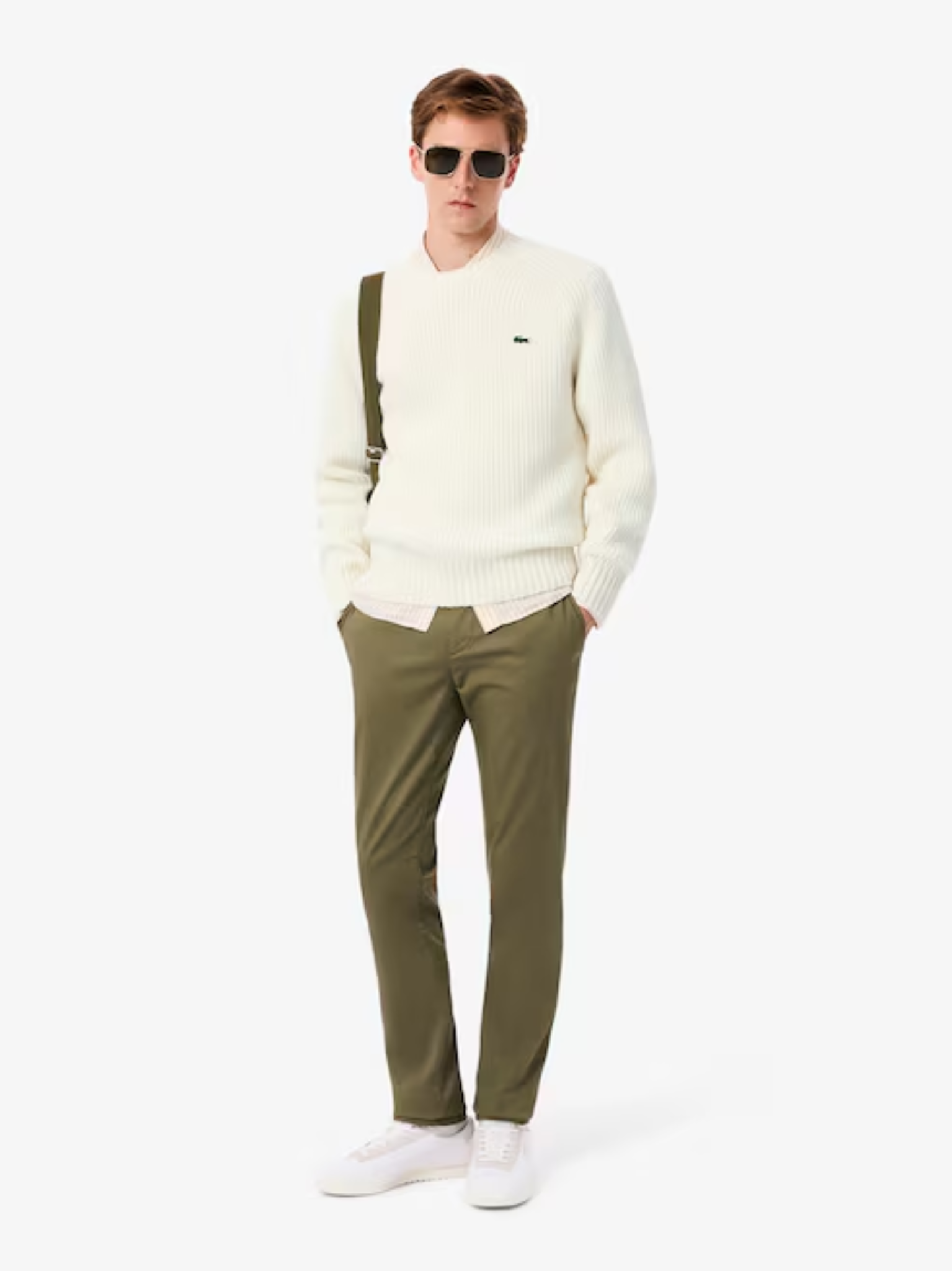 LACOSTE Thick Wool Crew Neck Sweater Ecru White