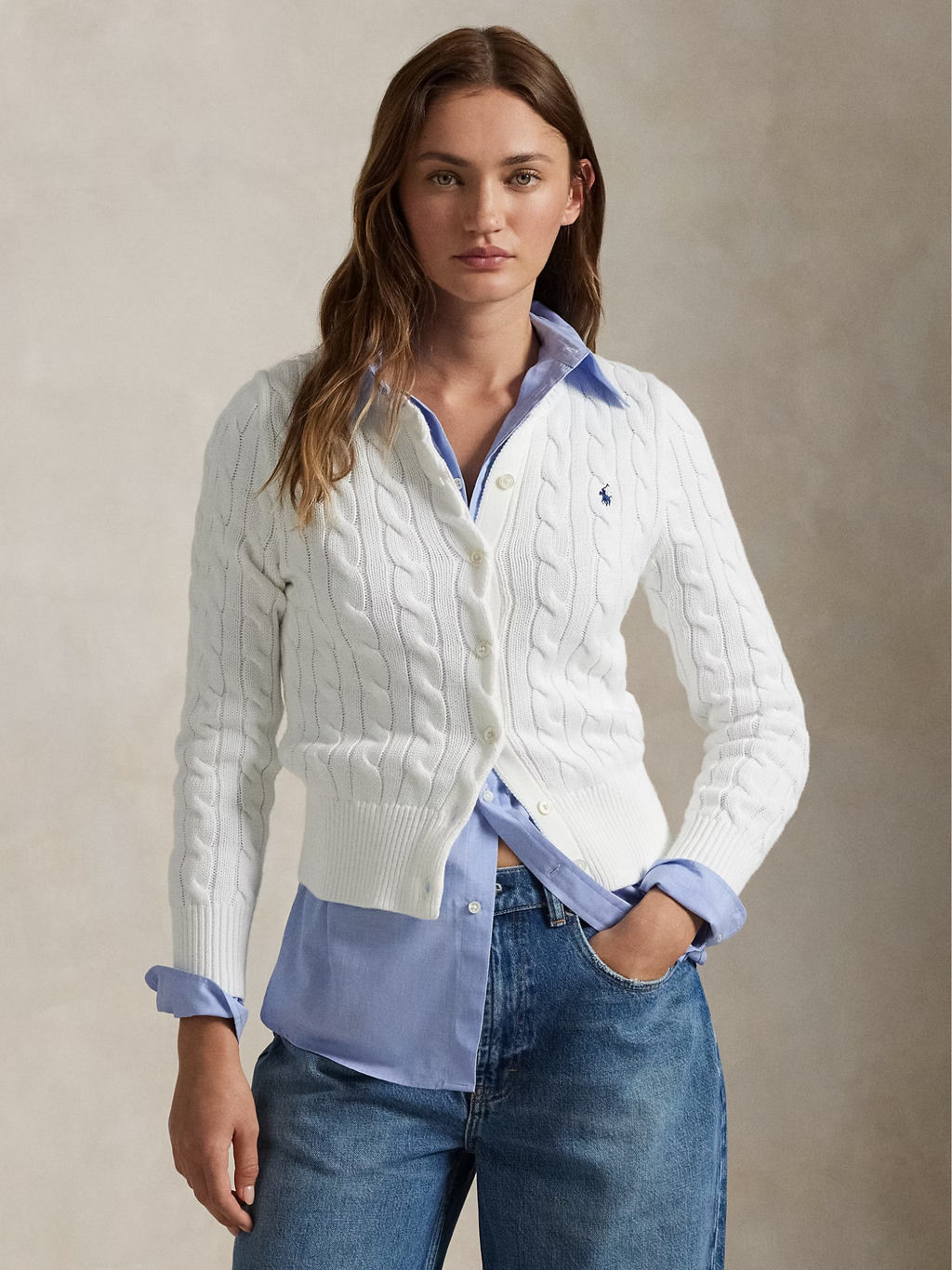 RALPH LAUREN WOMEN Cable-Knit Cotton Crewneck Cardigan White
