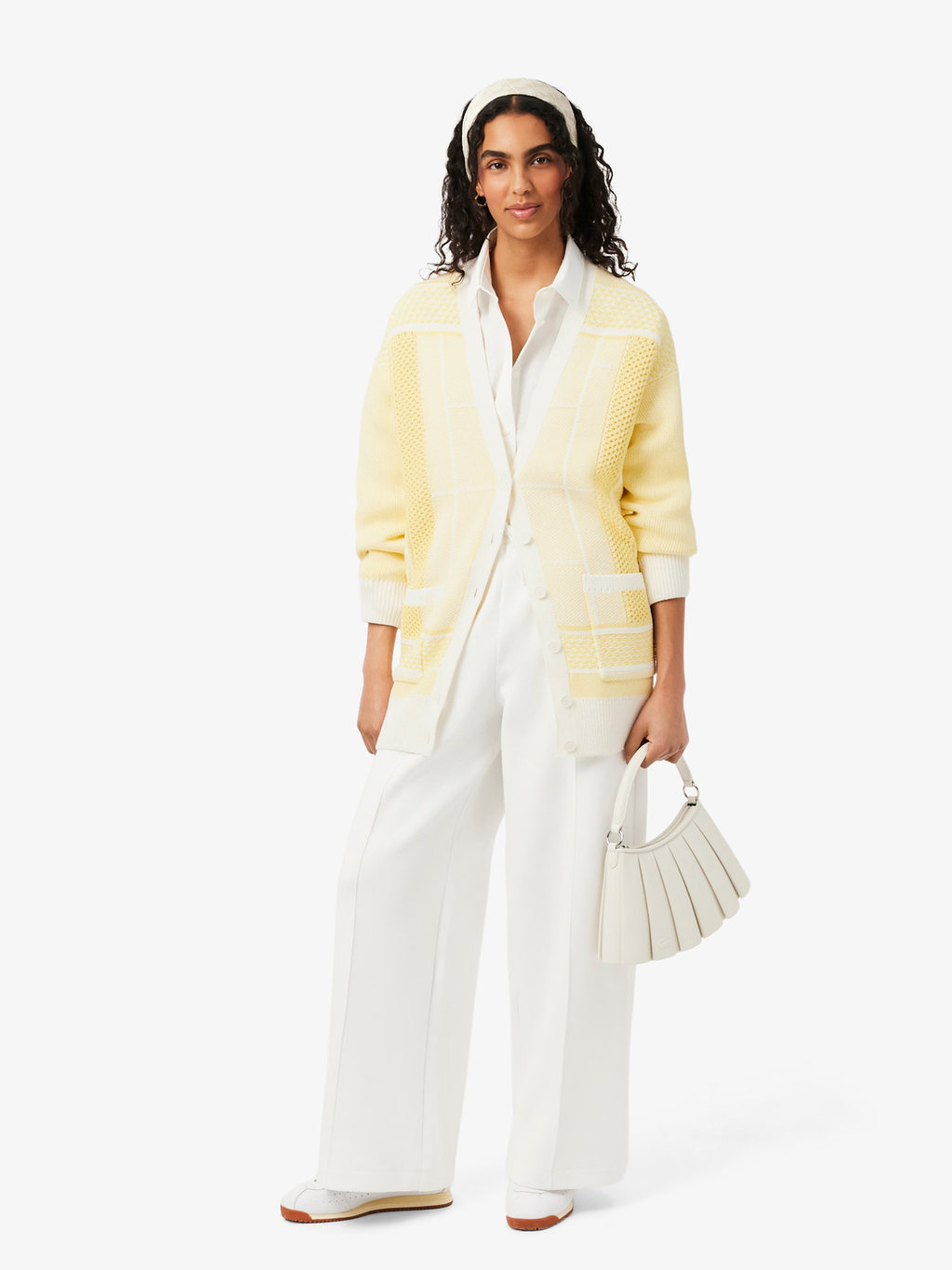 LACOSTE WOMEN Tennis Court Jacquard Long Cardigan Yellow/White