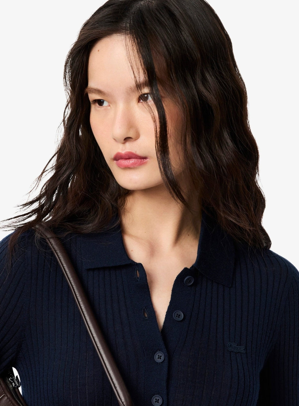 LACOSTE WOMEN Wool Jersey Polo Collar Sweater Midnight Blue