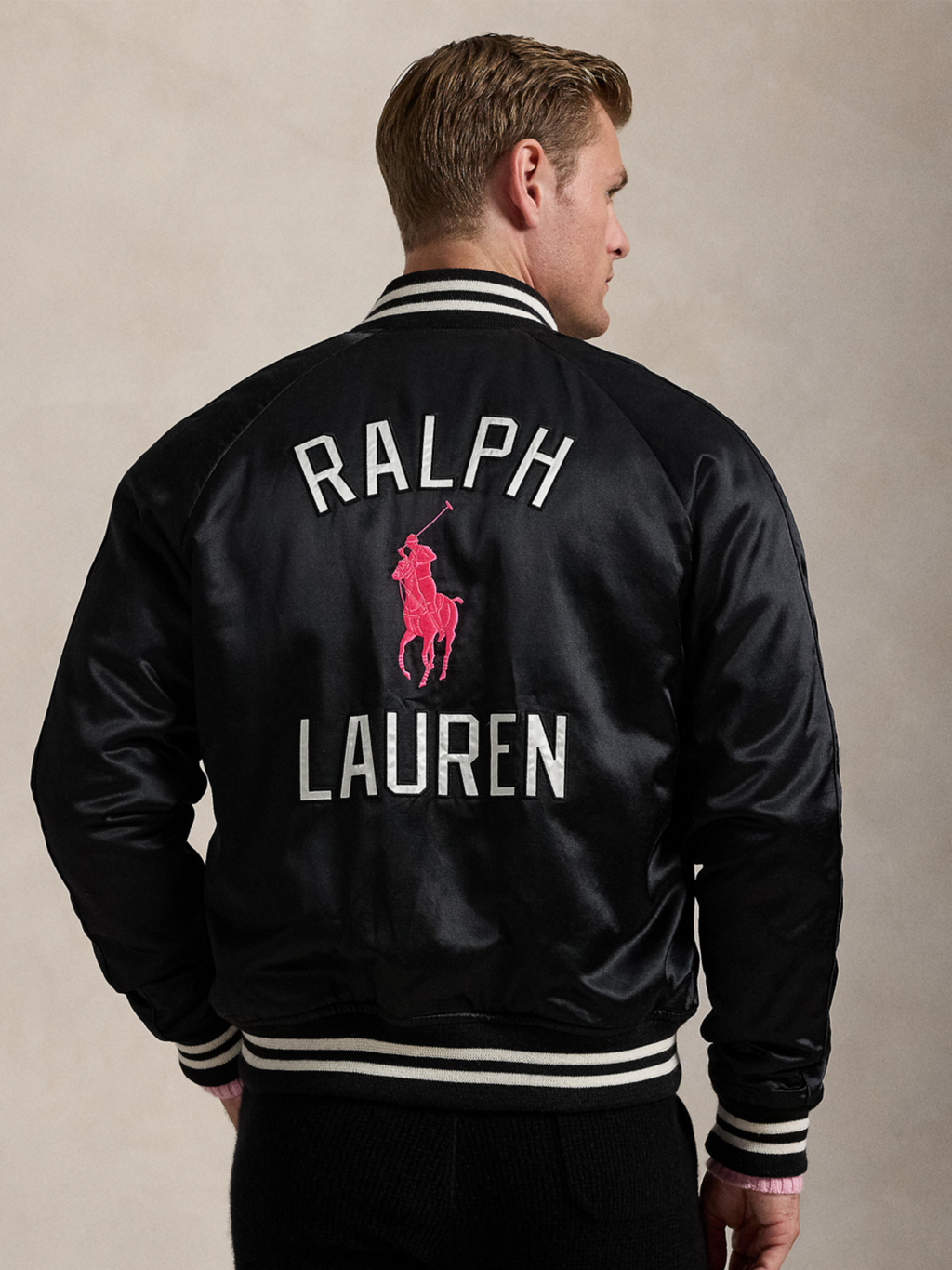 RALPH LAUREN Pink Pony Satin Baseball Jacket Black
