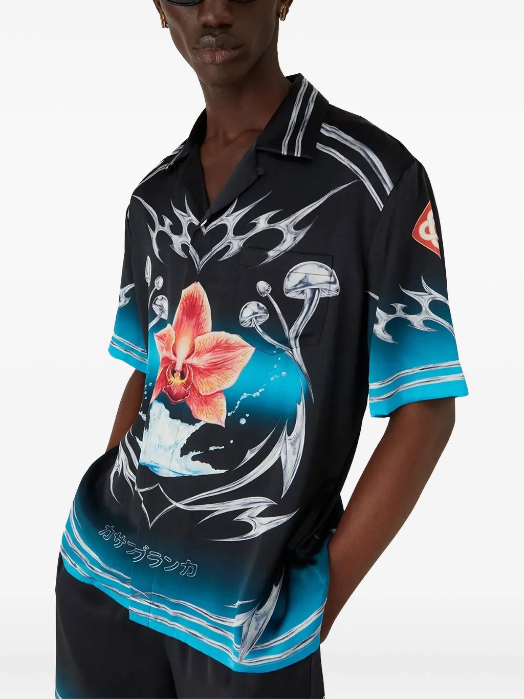 CASABLANCA Blades Short Sleeve Silk Satin Shirt Black/Multicolour