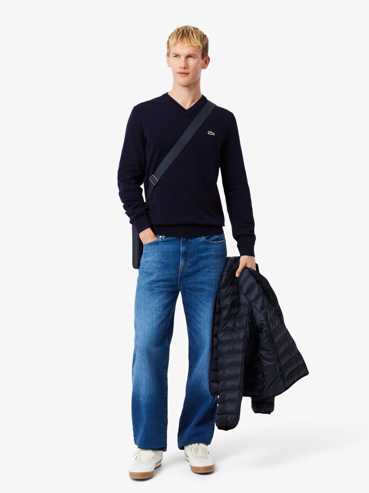 LACOSTE Monochrome Cotton V-neck Sweater Midnight Blue