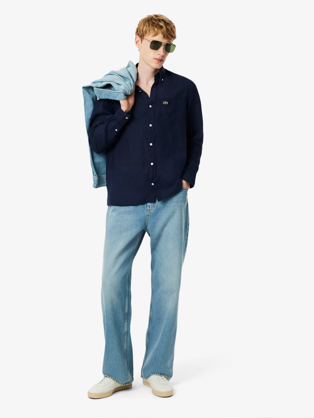 LACOSTE Regular Fit Linen Shirt Midnight Blue