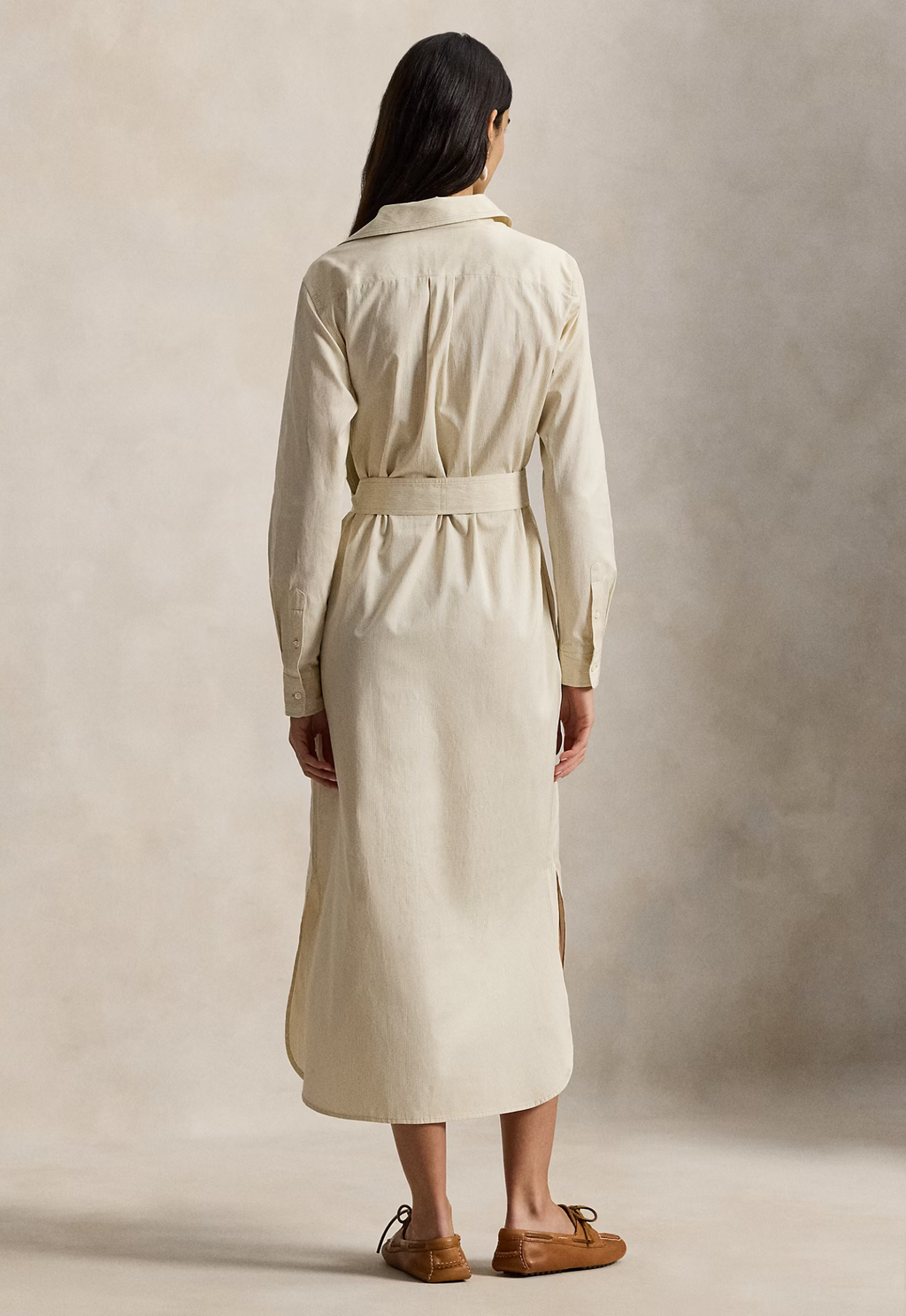 RALPH LAUREN WOMENS Belted Striped Cotton Shirtdress Polo Tan White