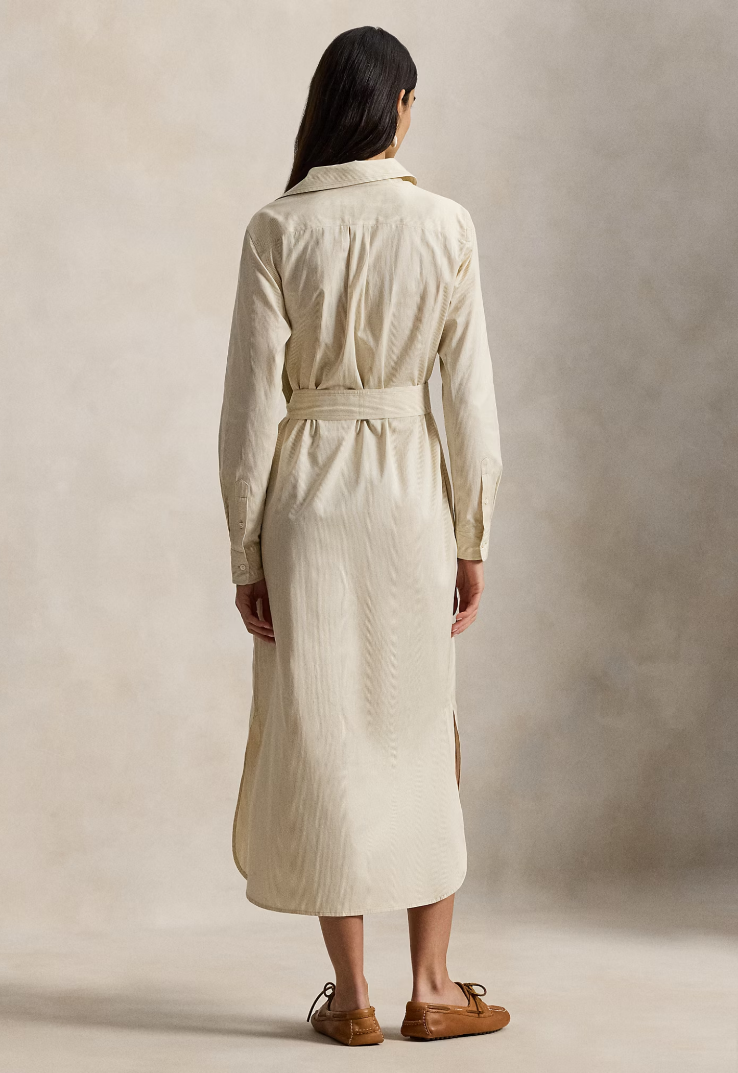 RALPH LAUREN WOMENS Belted Striped Cotton Shirtdress Polo Tan White