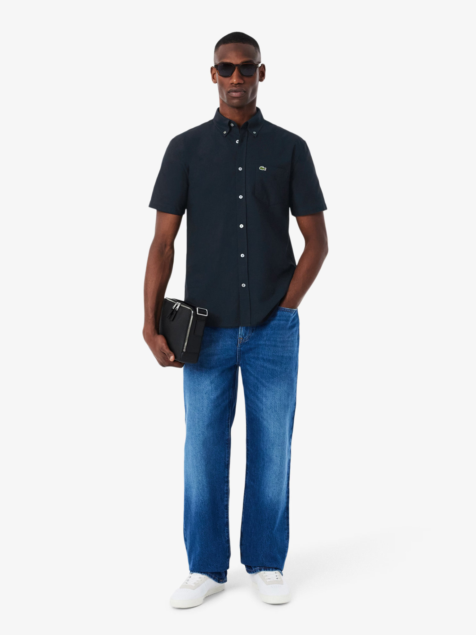 LACOSTE Regular Fit Short Sleeved Oxford Shirt Navy Blue