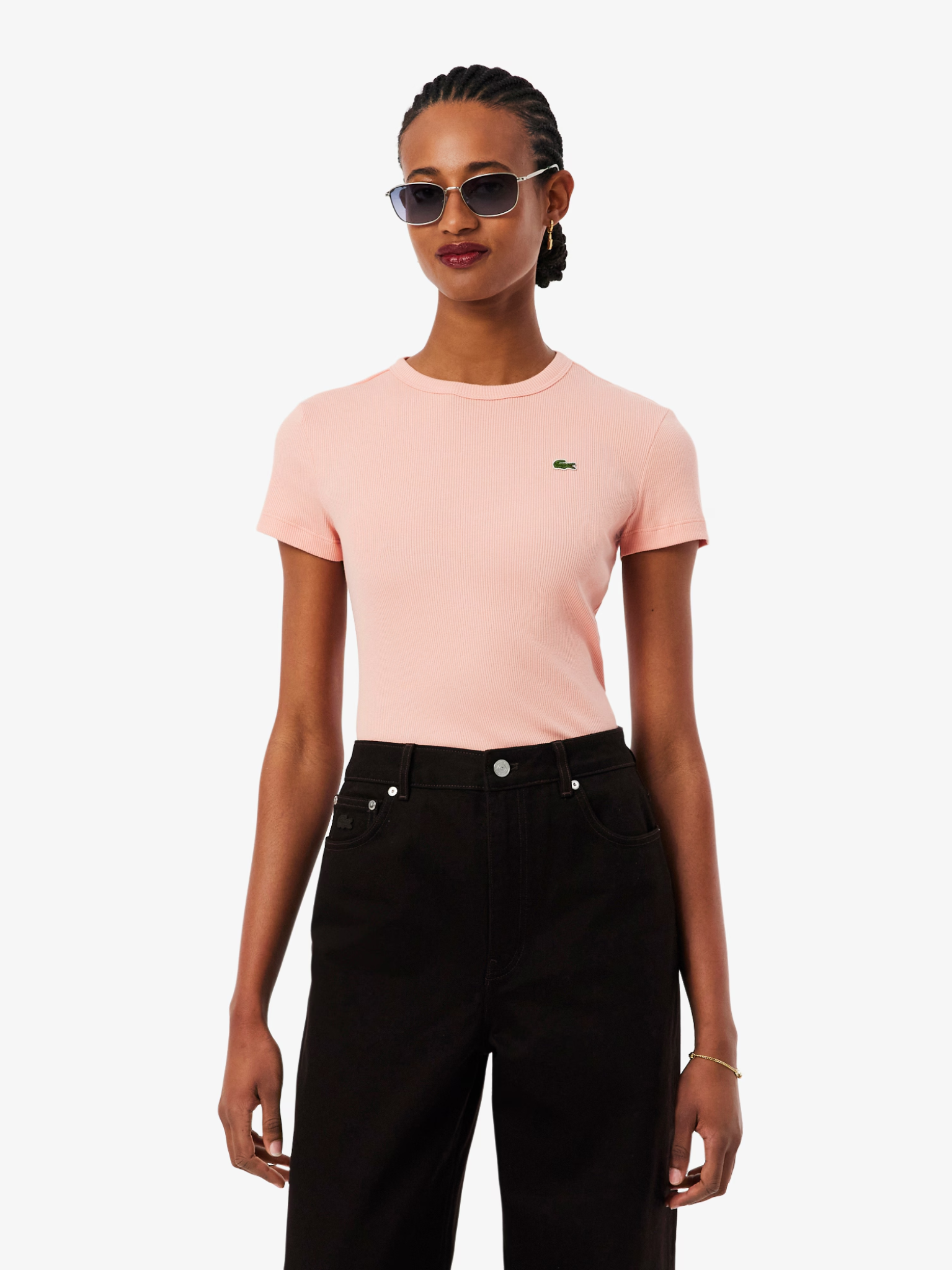 LACOSTE WOMEN Slim Fit Ribbed Cotton T-shirt Coral Pink