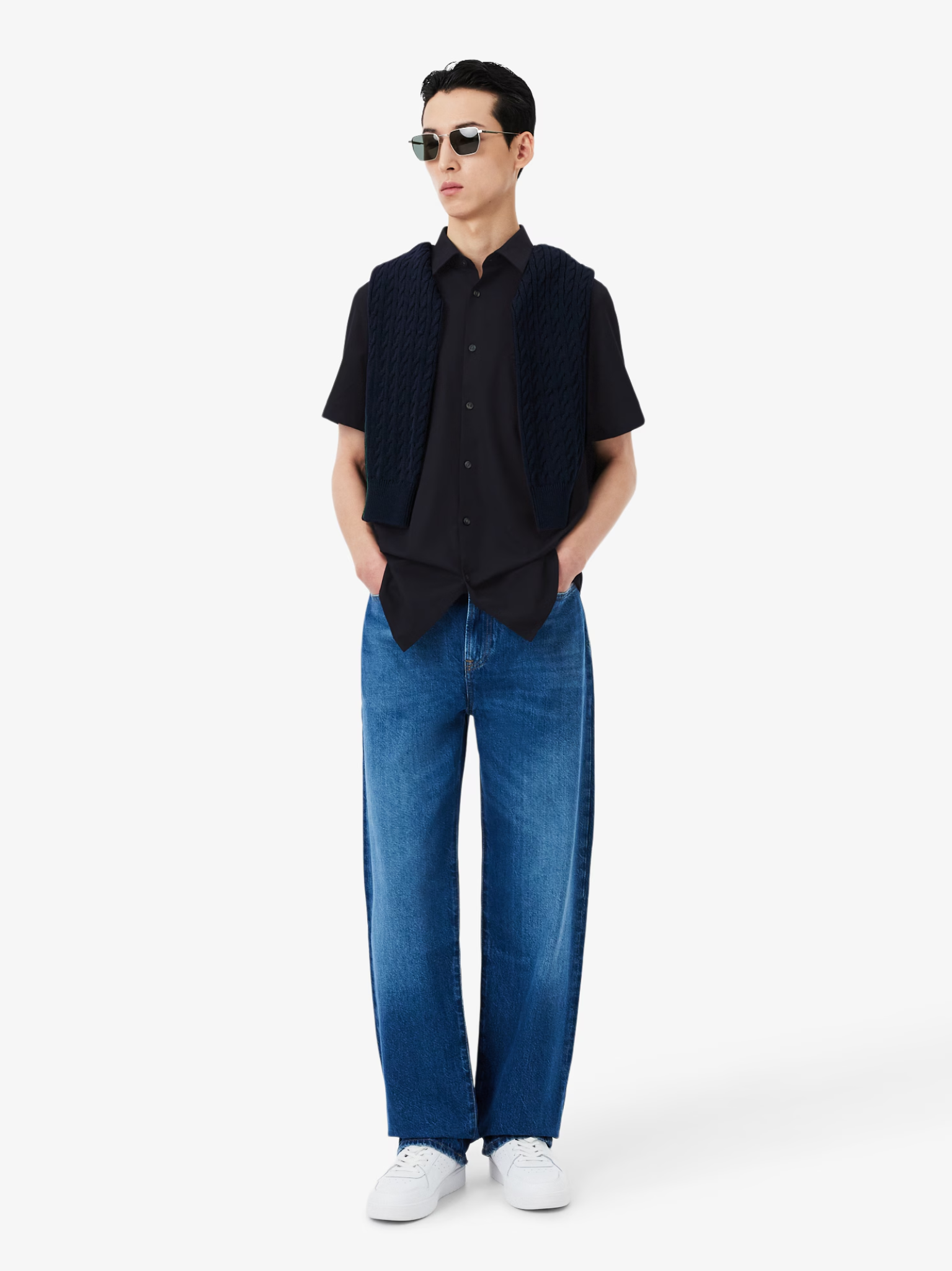 LACOSTE Regular Fit Short Sleeved Cotton Shirt Navy Blue