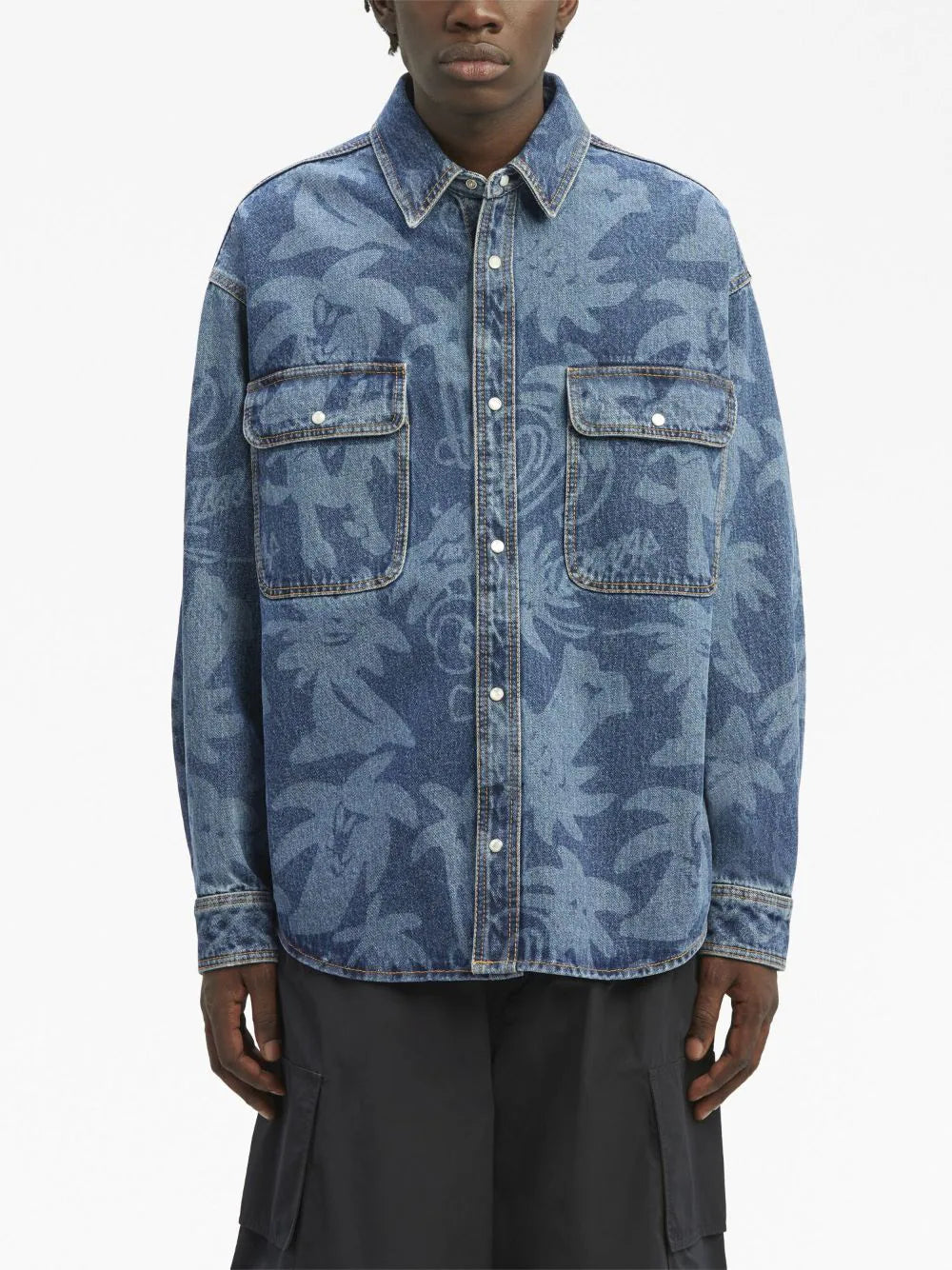 PALM ANGELS Palmity Allover Laser Denim Shirt Blue/Light Blue